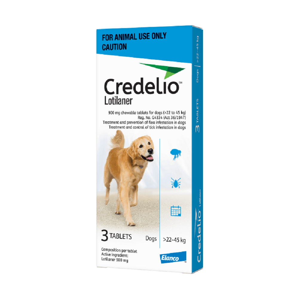 Credelio 900mg chewable flea and tick tablets for dogs, beef-flavored, packaged in a box with six tablets visible.