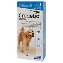 Credelio 900mg Chewable Tablets for Dogs in a pack, designed for flea and tick treatment, featuring beef flavor and suitable for dogs 22-45kg.