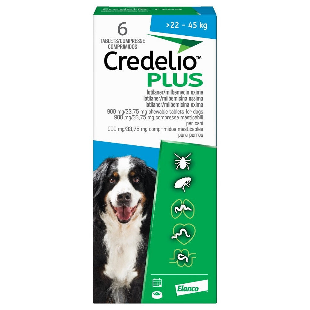 Credelio Plus Tablets 900/33.75mg for dogs, packaged in a 6 pack, designed for dogs weighing 22-45kg, featuring easy-to-administer oral tablets.