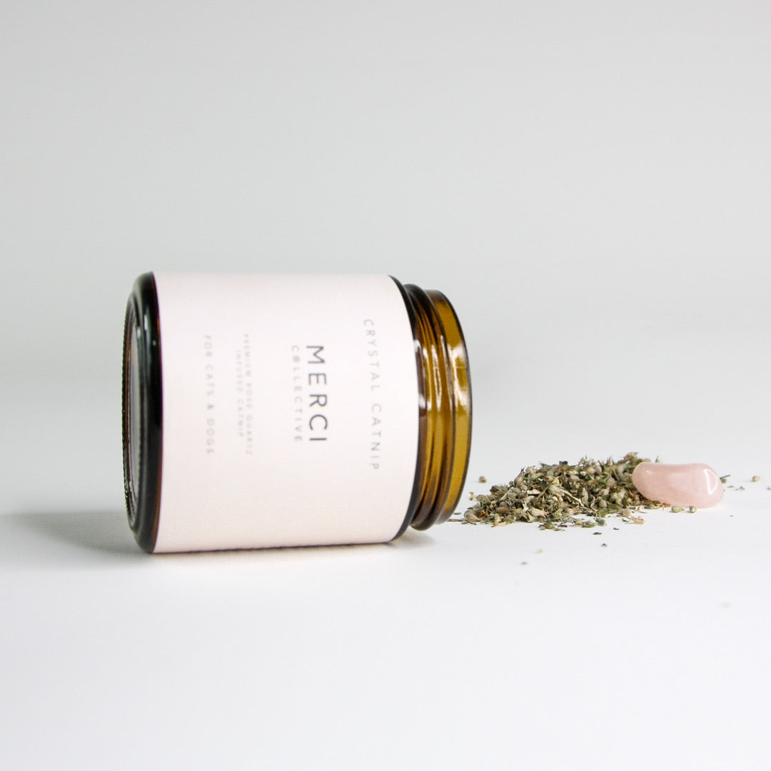 A bag of Crystal Catnip for Dogs, featuring natural catnip infused with rose quartz, designed to calm and soothe dogs.