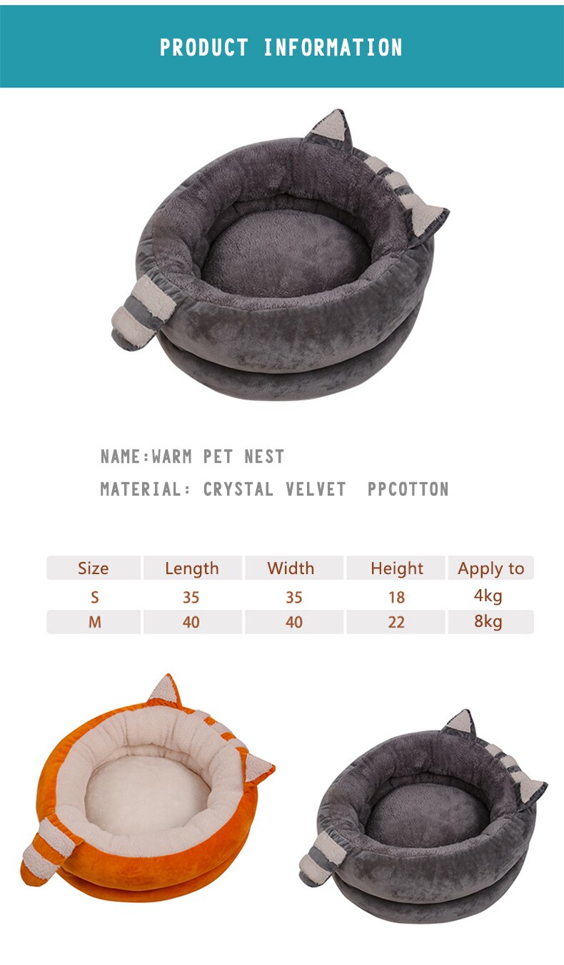 A cozy Cute Cat Bed House made of soft fleece and PP cotton, designed for cats and dogs, featuring a warm and inviting sleeping space.