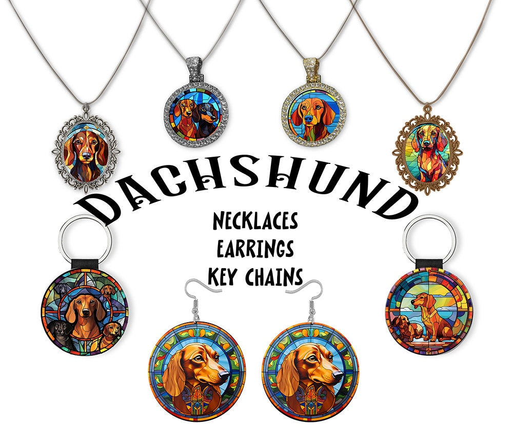 Dachshund jewelry collection featuring stained glass style necklaces, earrings, and leatherette keychains in silver and gold finishes.
