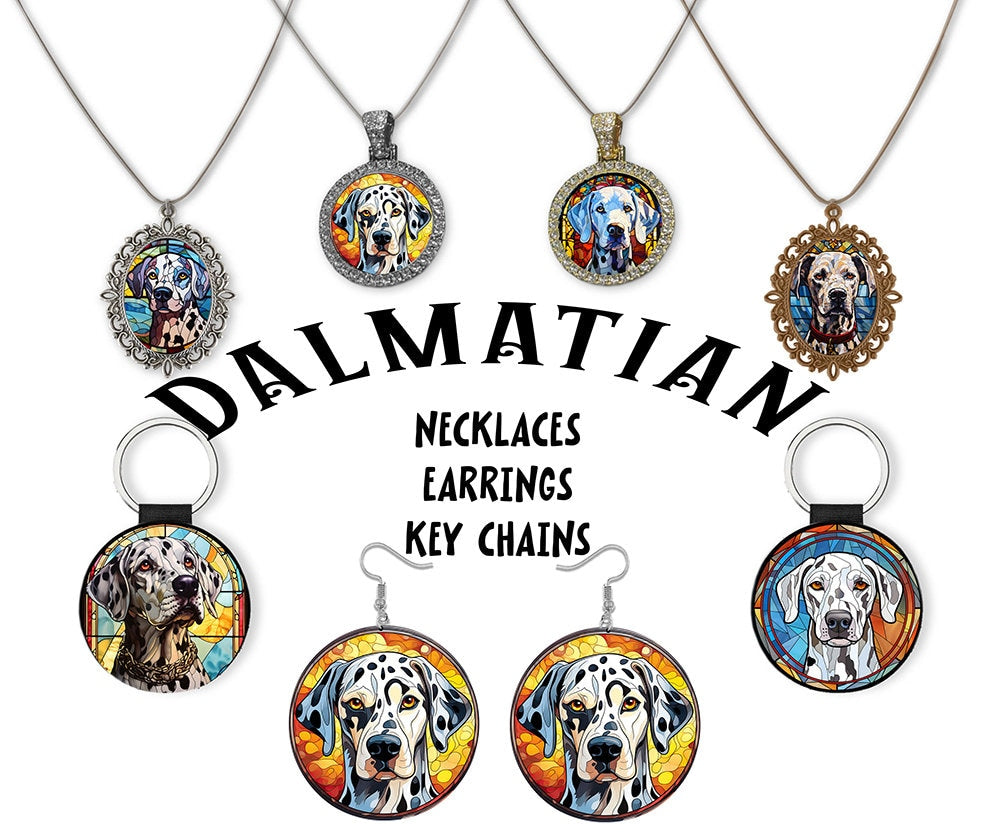 Stained glass style Dalmatian jewelry including necklaces and earrings, showcasing vibrant colors and intricate designs.