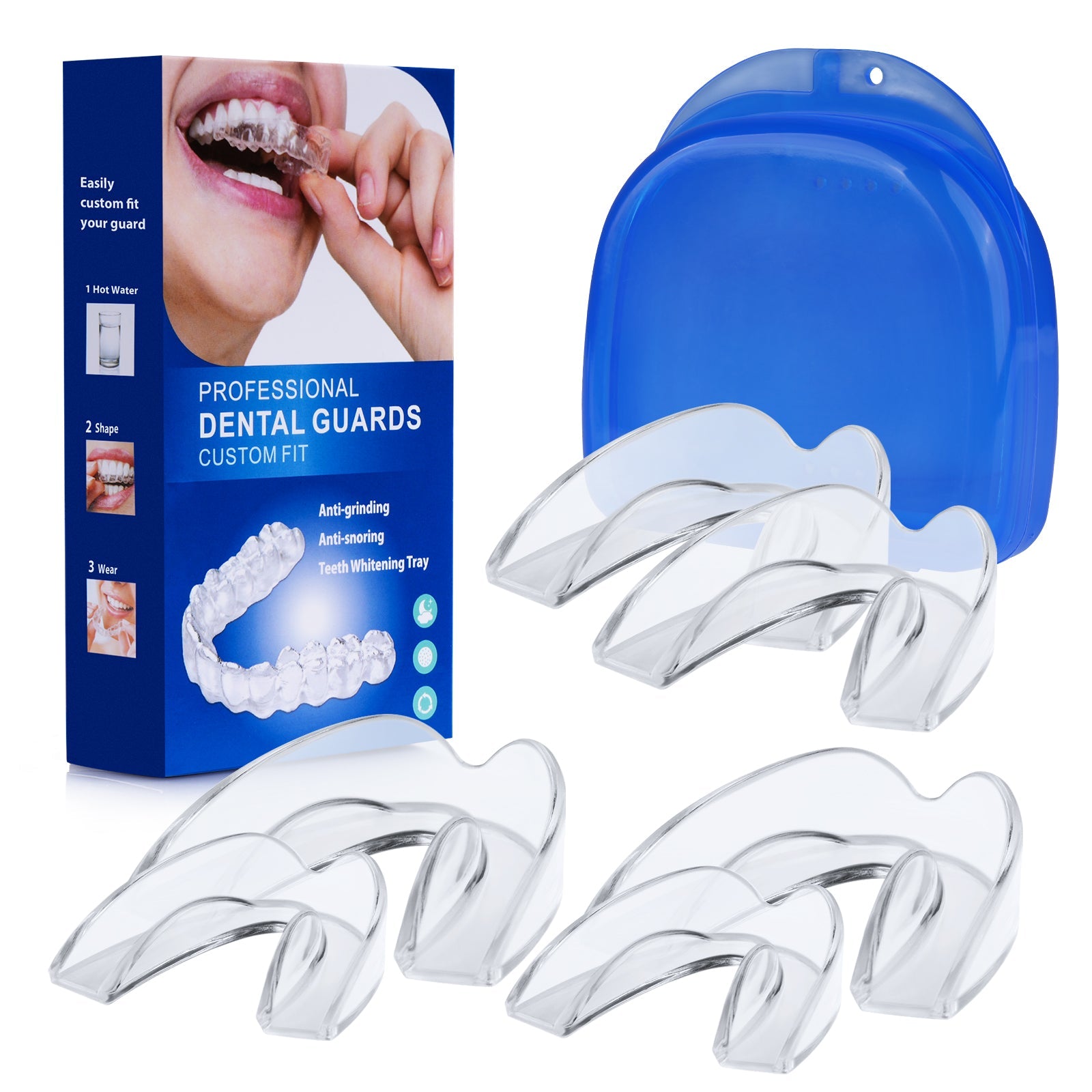 Dental Mouth Guard designed for clenching teeth at night, featuring a compact design and protective case.