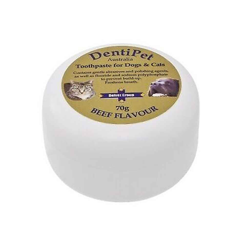 Dentipet Toothpaste for Dogs and Cats in a tube, showcasing its packaging and flavor options.