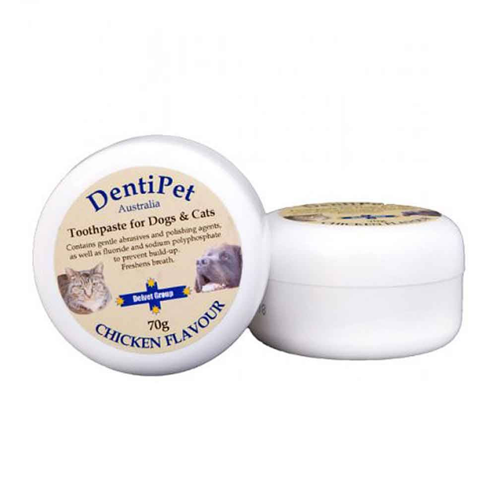 Dentipet Toothpaste for Dogs and Cats in a tube, showcasing its packaging and flavor options.