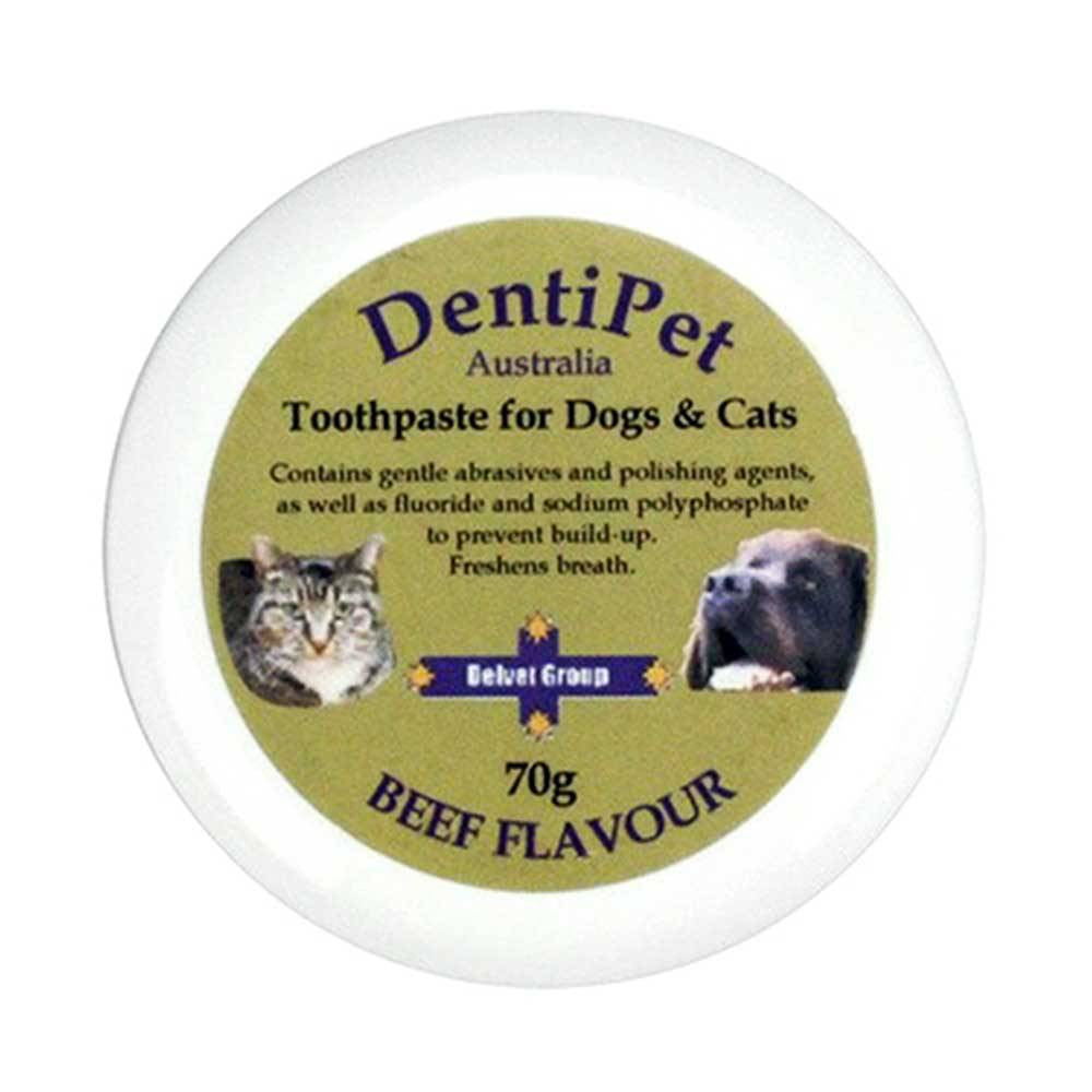 Dentipet Toothpaste for Dogs and Cats in a tube, showcasing its packaging and flavor options.