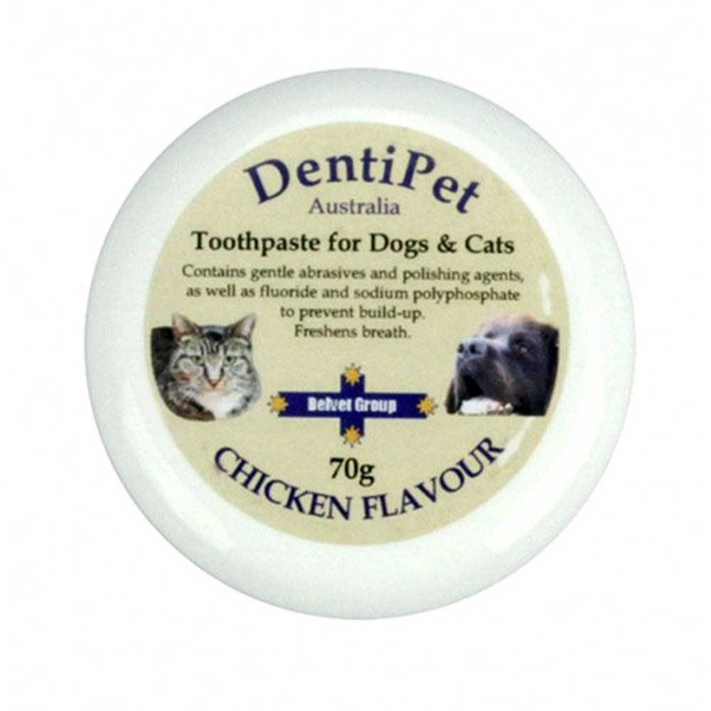 Dentipet Toothpaste for Dogs and Cats in a tube, showcasing its packaging and flavor options.