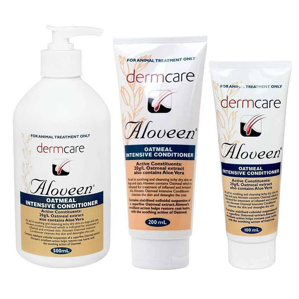 Dermcare Aloveen Oatmeal Intensive Conditioner bottle for dogs and cats, featuring a soothing formula for dry skin.