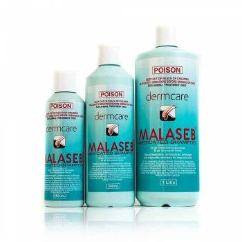 Dermcare Malaseb Medicated Shampoo bottle for dogs and cats, featuring a sleek design with a label indicating its medicated properties.