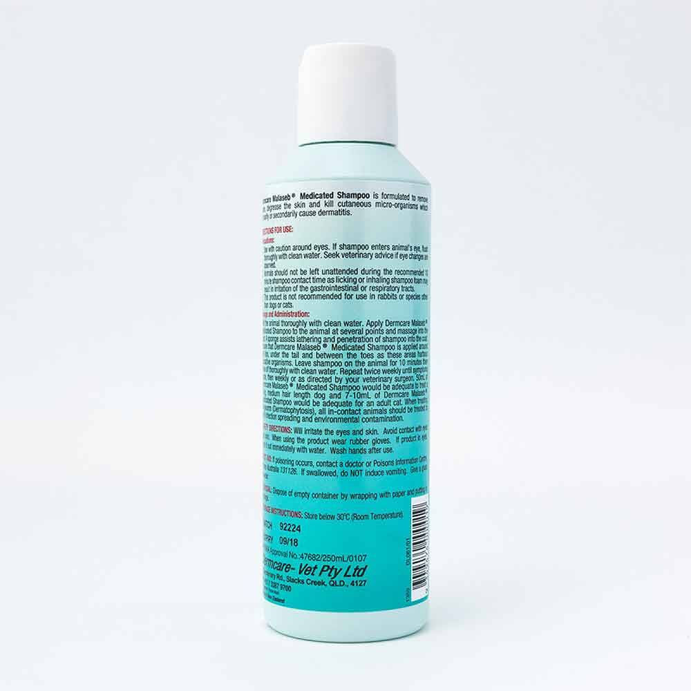Dermcare Malaseb Medicated Shampoo bottle for dogs and cats, featuring a sleek design with a label indicating its medicated properties.