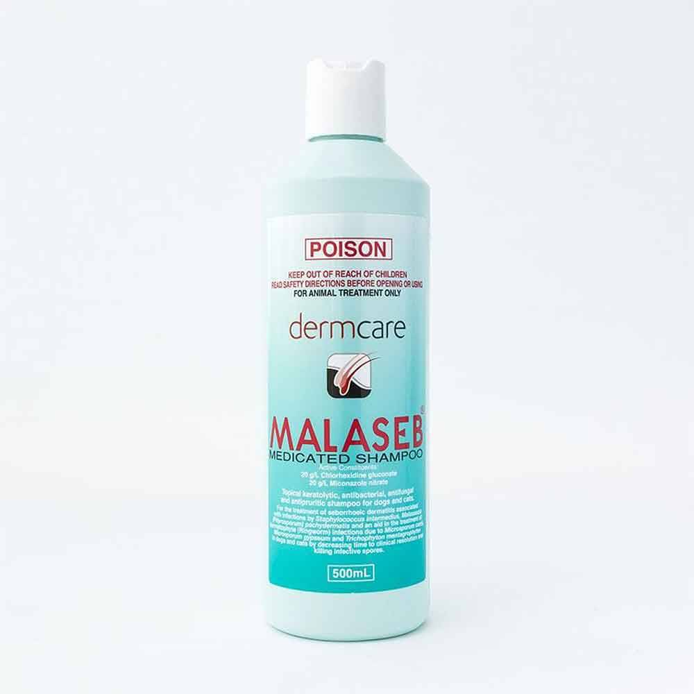 Dermcare Malaseb Medicated Shampoo bottle for dogs and cats, featuring a sleek design with a label indicating its medicated properties.