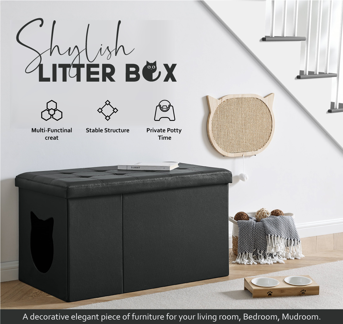 Designer Cat Litter Box Enclosure Ottoman with tufted top and faux leather exterior, elegantly concealing a litter box.
