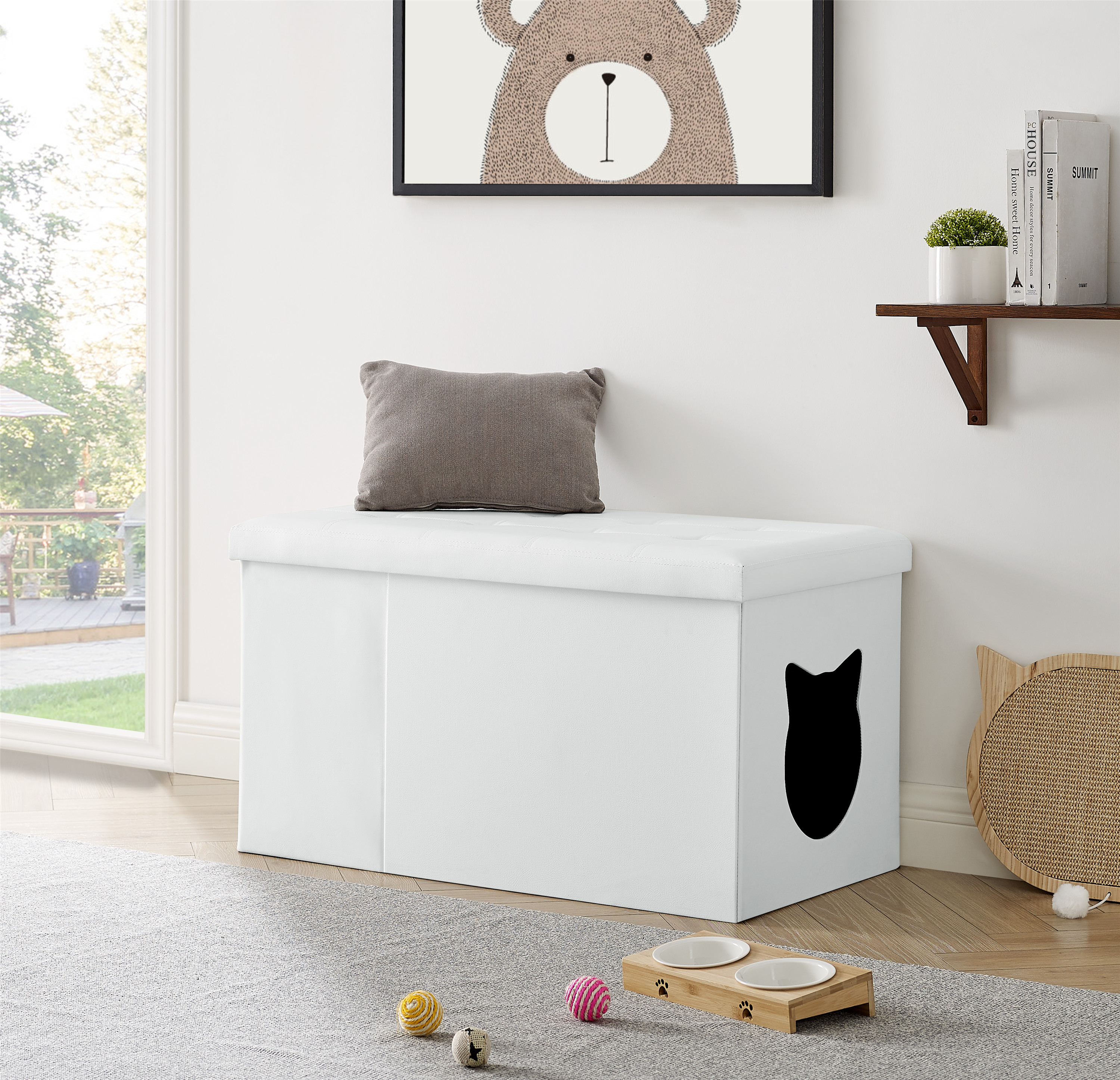 Designer Cat Litter Box Enclosure Ottoman with tufted top and faux leather exterior, elegantly concealing a litter box.