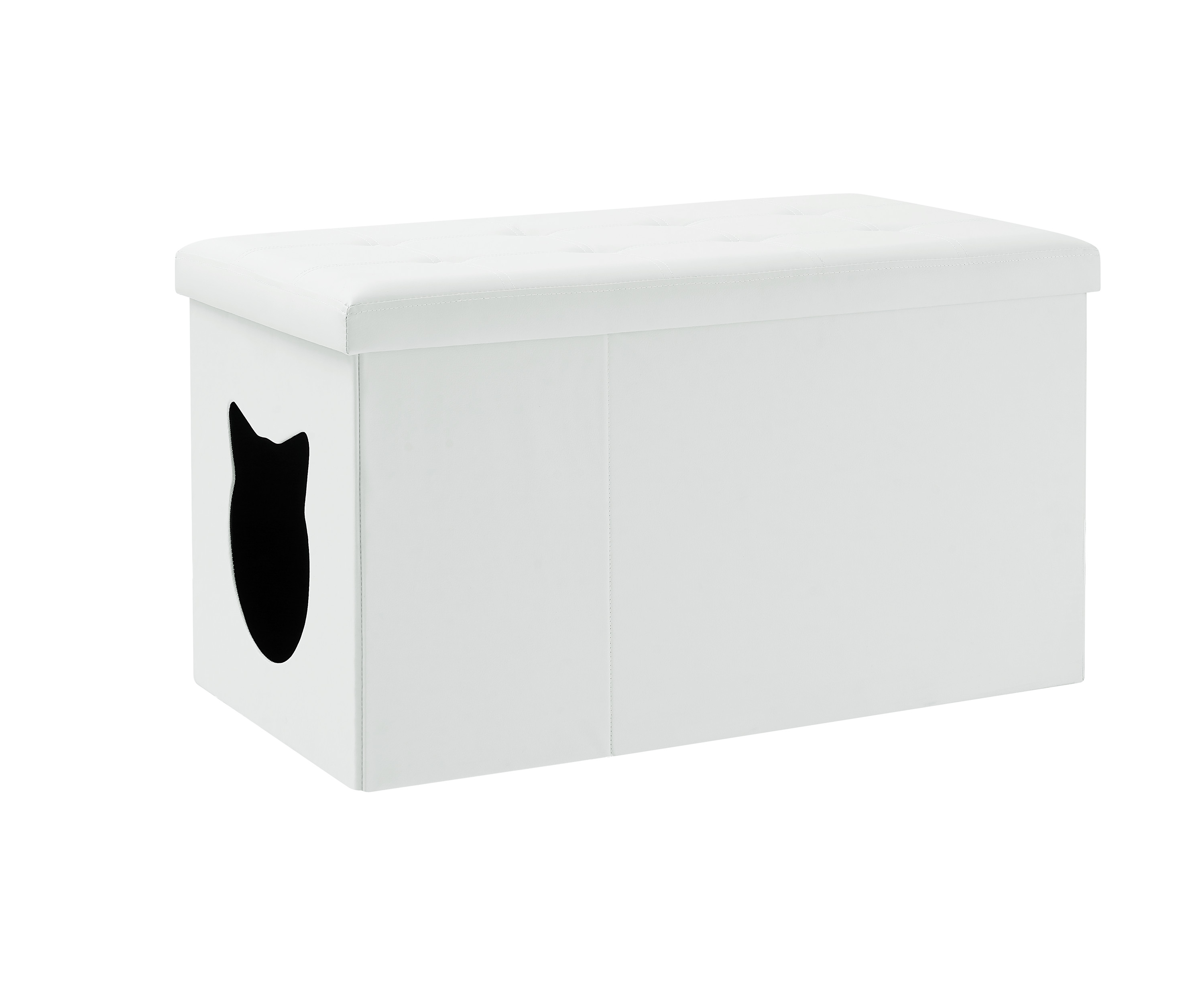 Designer Cat Litter Box Enclosure Ottoman with tufted top and faux leather exterior, elegantly concealing a litter box.