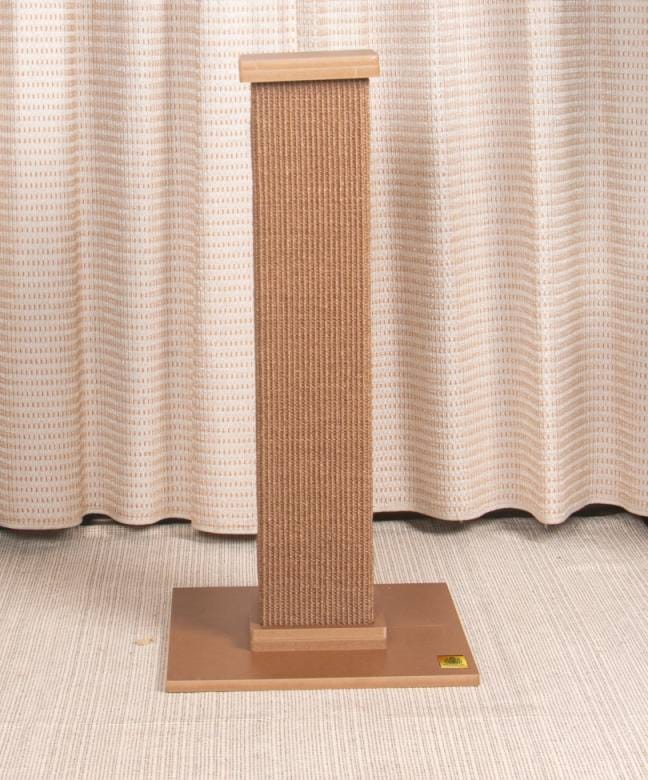 Designer Cats Scratching Post in brown and white, featuring a sturdy wooden base and sisal-wrapped scratching area, perfect for feline play.