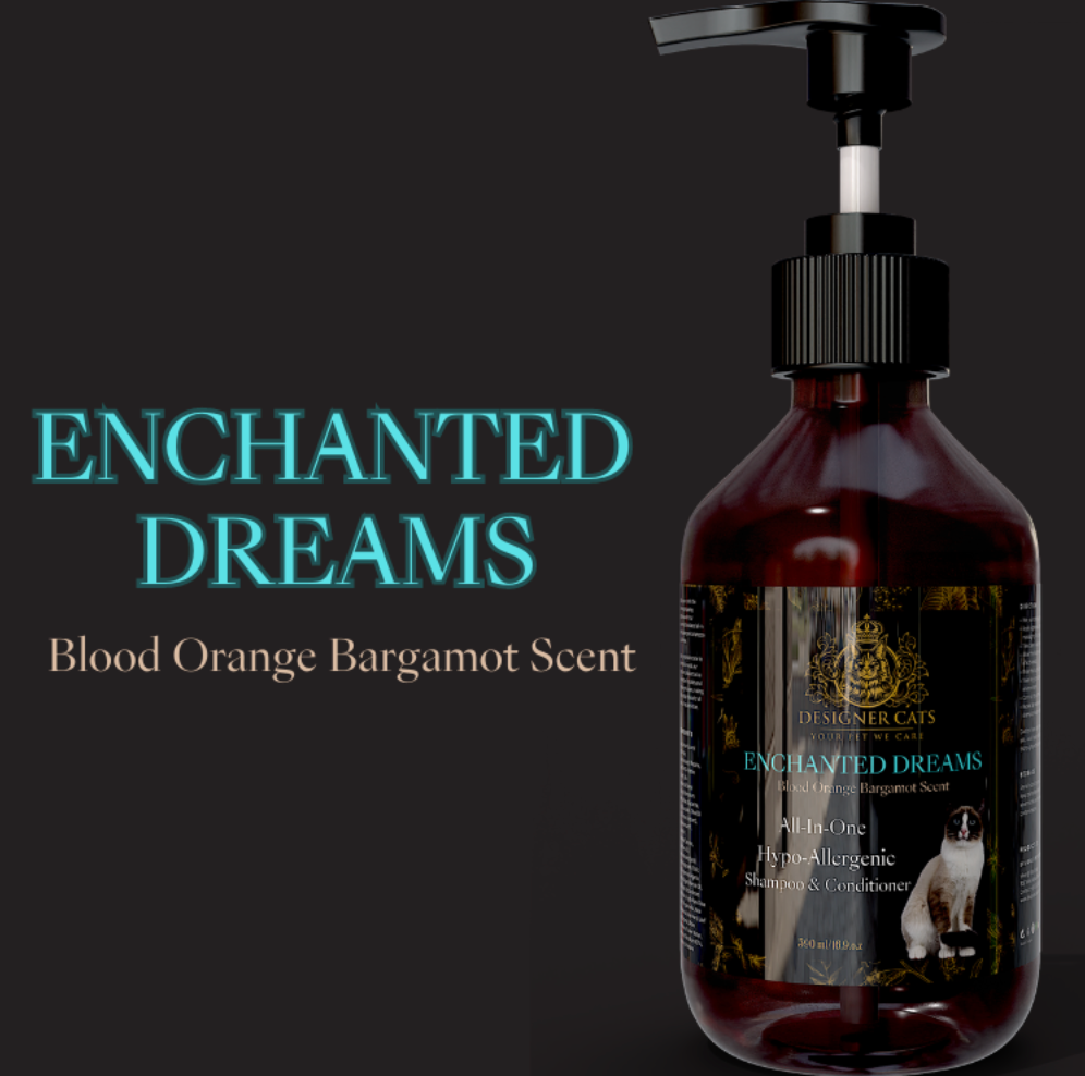 A 500ml bottle of Designer Cats Shampoo - Enchanted Dreams with a vibrant label featuring Blood Orange and Bergamot scent.