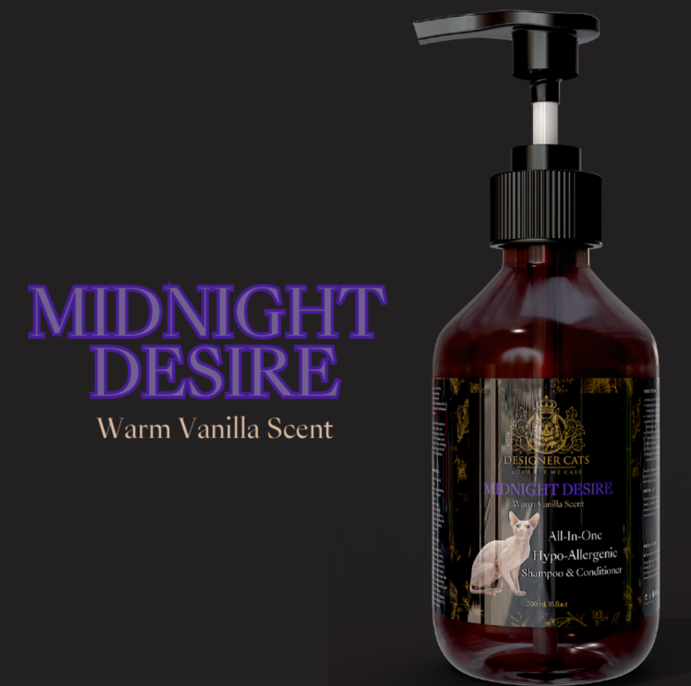 Designer Cats Shampoo - Midnight Desire 500ml bottle with warm vanilla scent, perfect for hypoallergenic grooming.