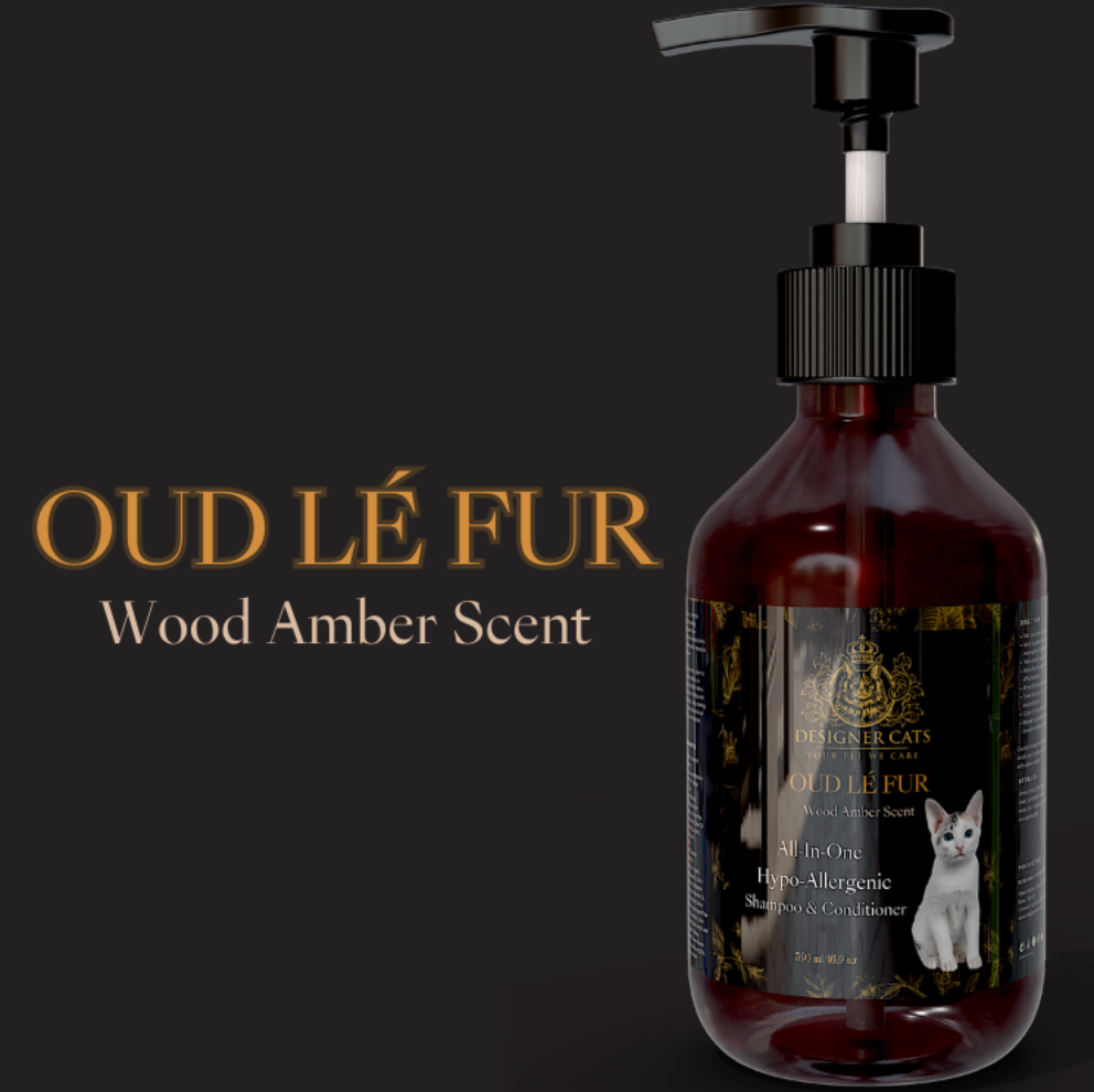 Designer Cats Shampoo - Oud Le Fur 500ml bottle with a sleek design, featuring a wood amber scent label, ideal for pampering cats.