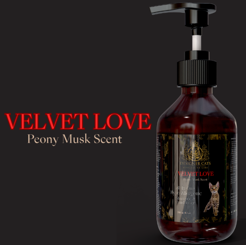 A bottle of Designer Cats Shampoo - Velvet Love, 500ml, featuring a floral design and a luxurious scent of Peony Musk.