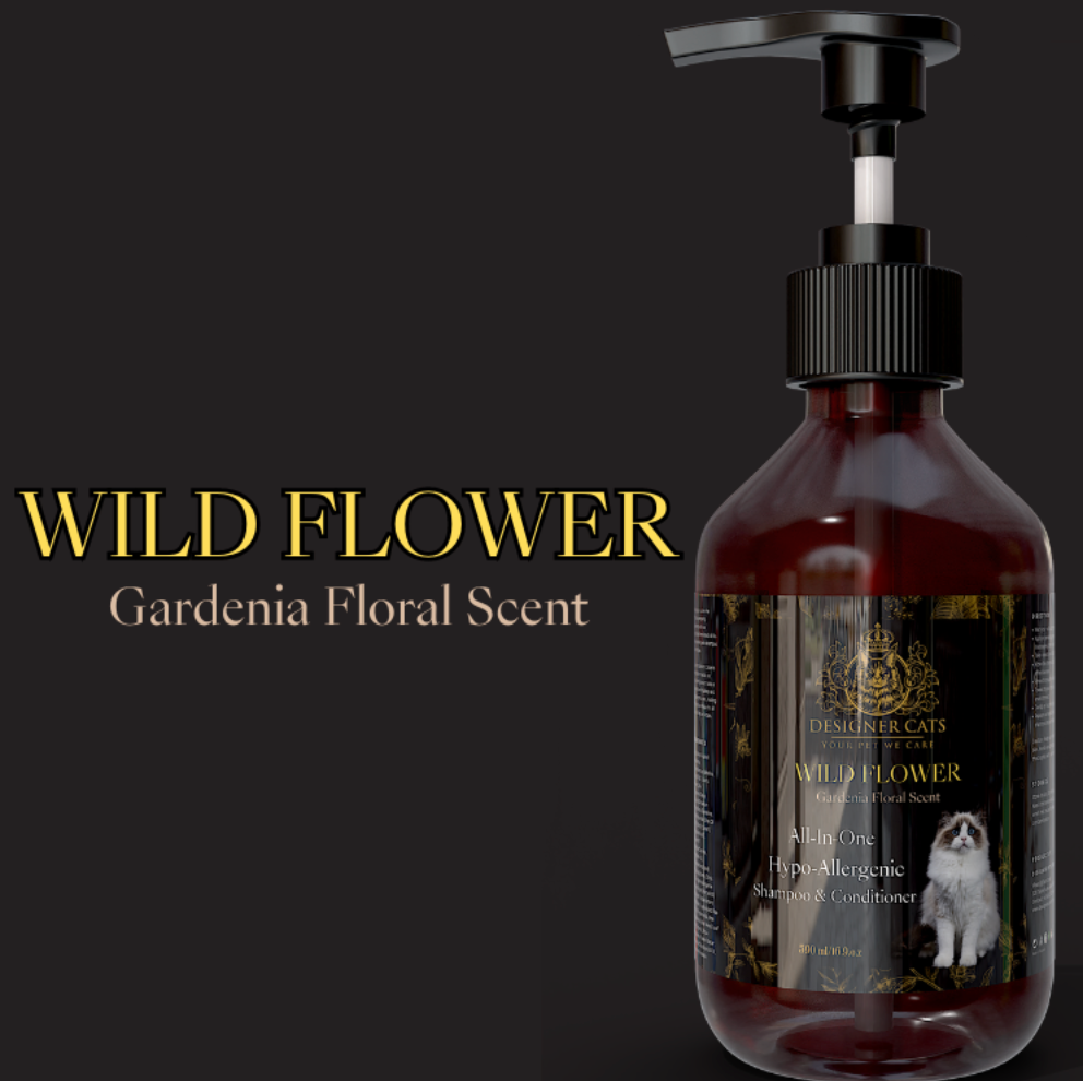 A bottle of Designer Cats Shampoo - Wild Flower 500ml with a floral design, showcasing its hypoallergenic formula for cats.