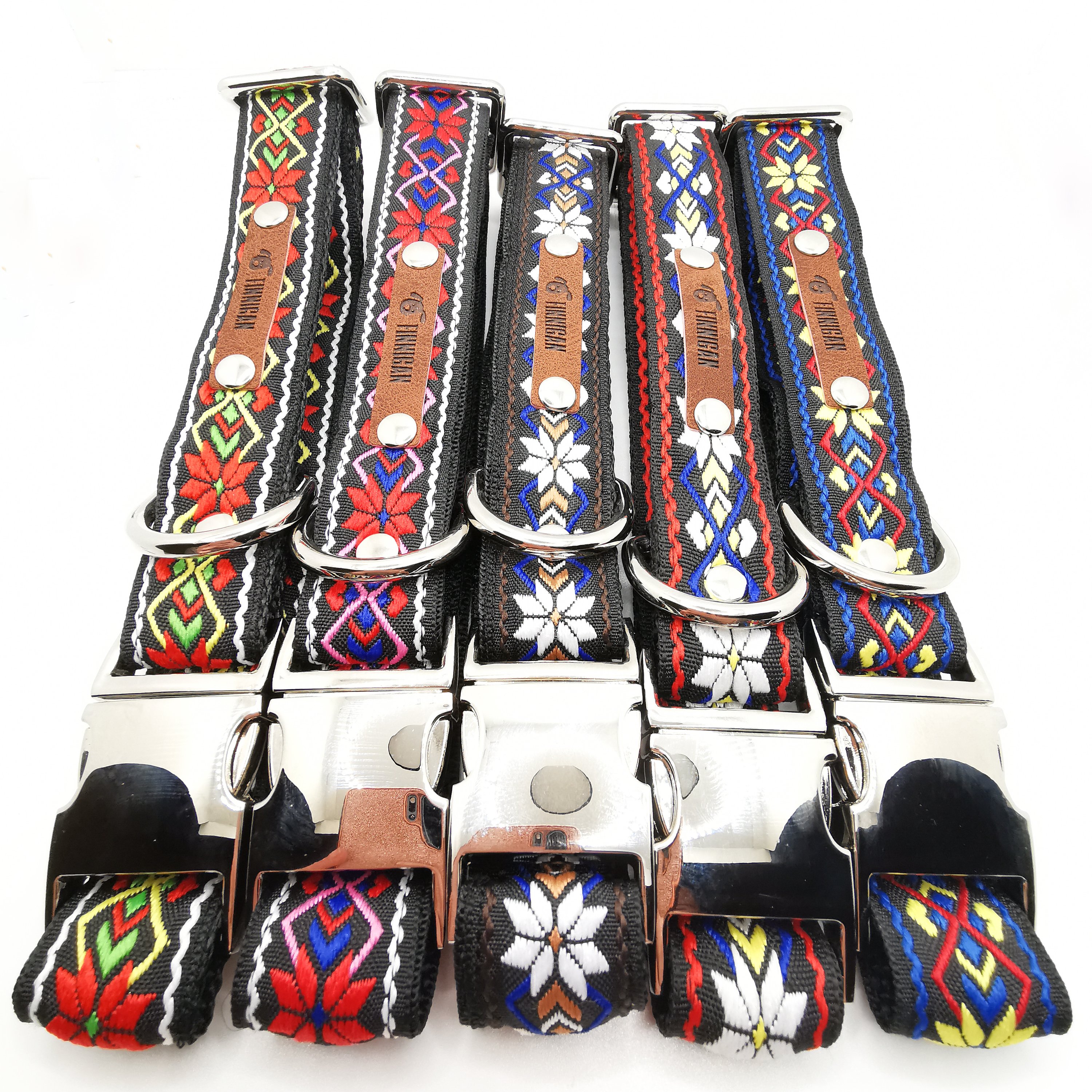 A stylish designer dog collar featuring unique fabrics, adjustable size, and a personalised aluminium buckle.