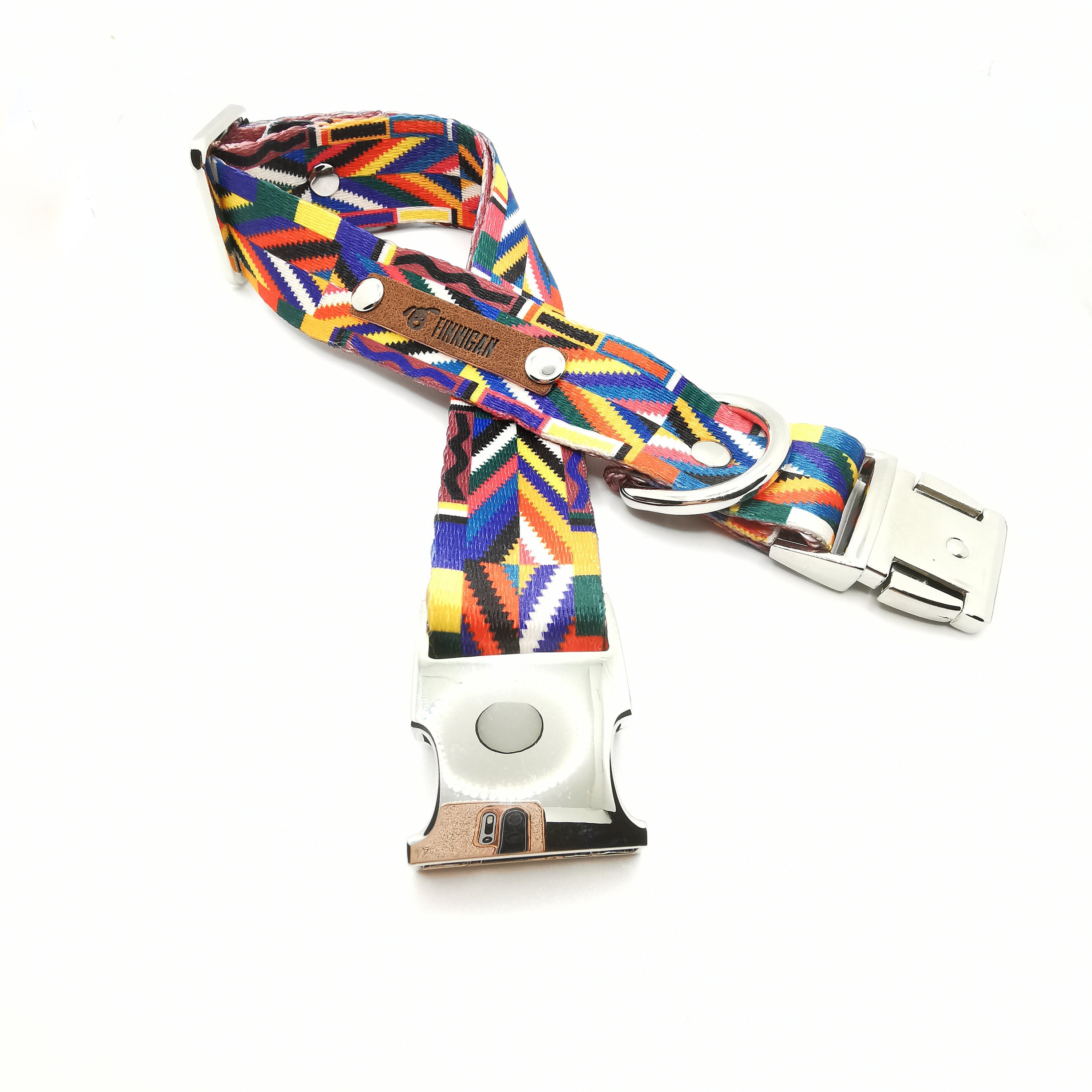 A stylish designer dog collar featuring unique fabrics, adjustable size, and a personalised aluminium buckle.