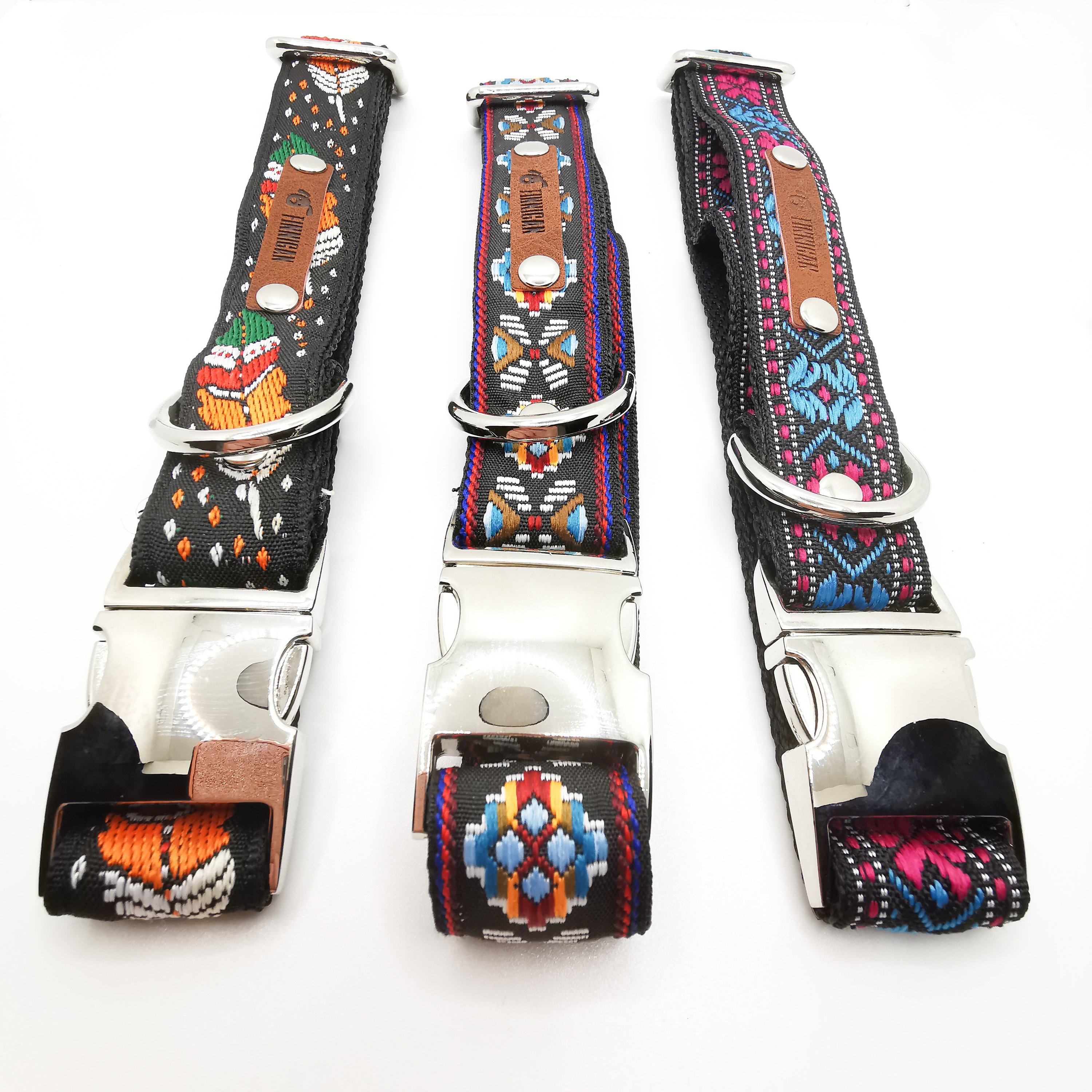 A stylish designer dog collar featuring unique fabrics, adjustable size, and a personalised aluminium buckle.