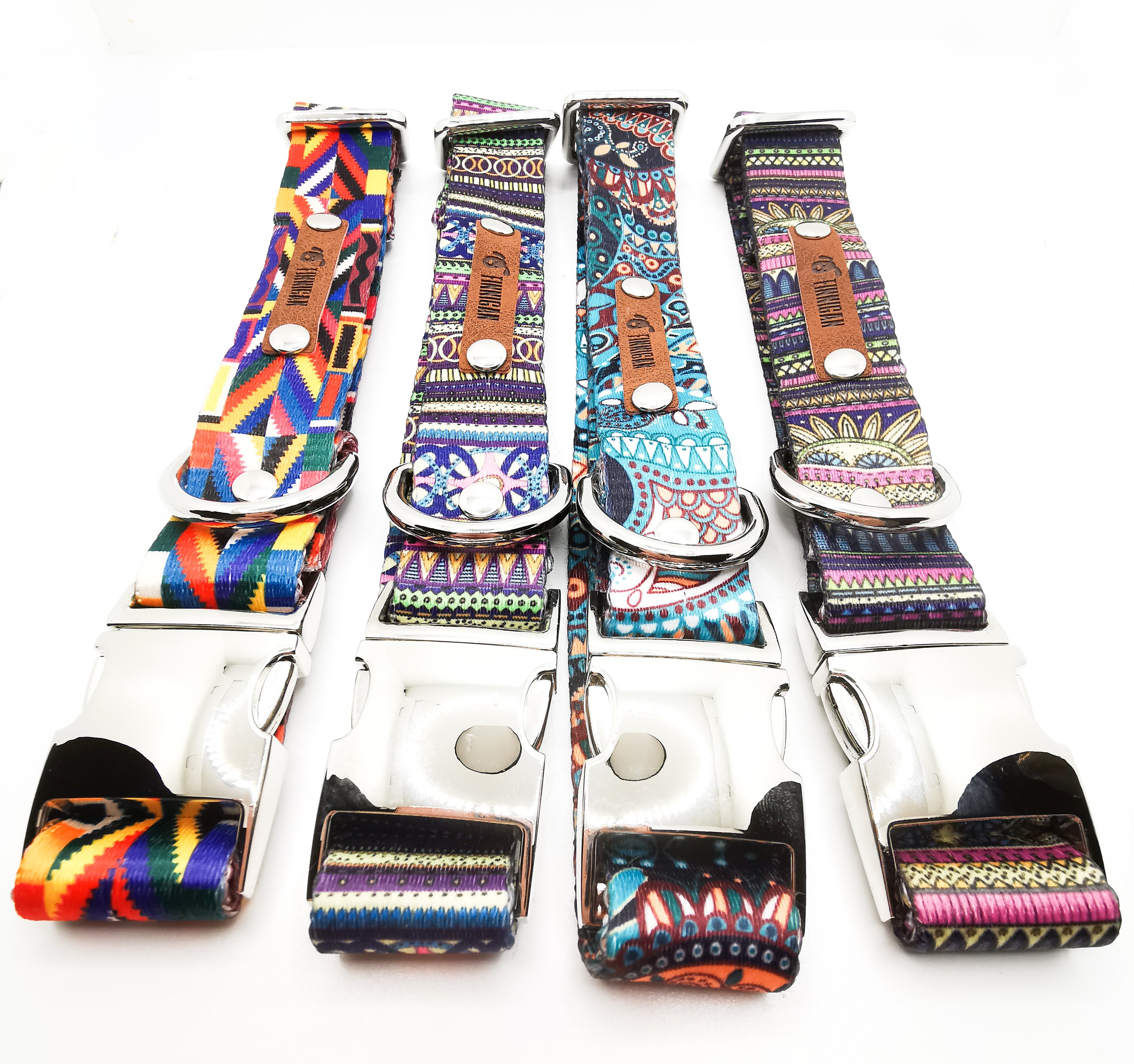 A stylish designer dog collar featuring unique fabrics, adjustable size, and a personalised aluminium buckle.