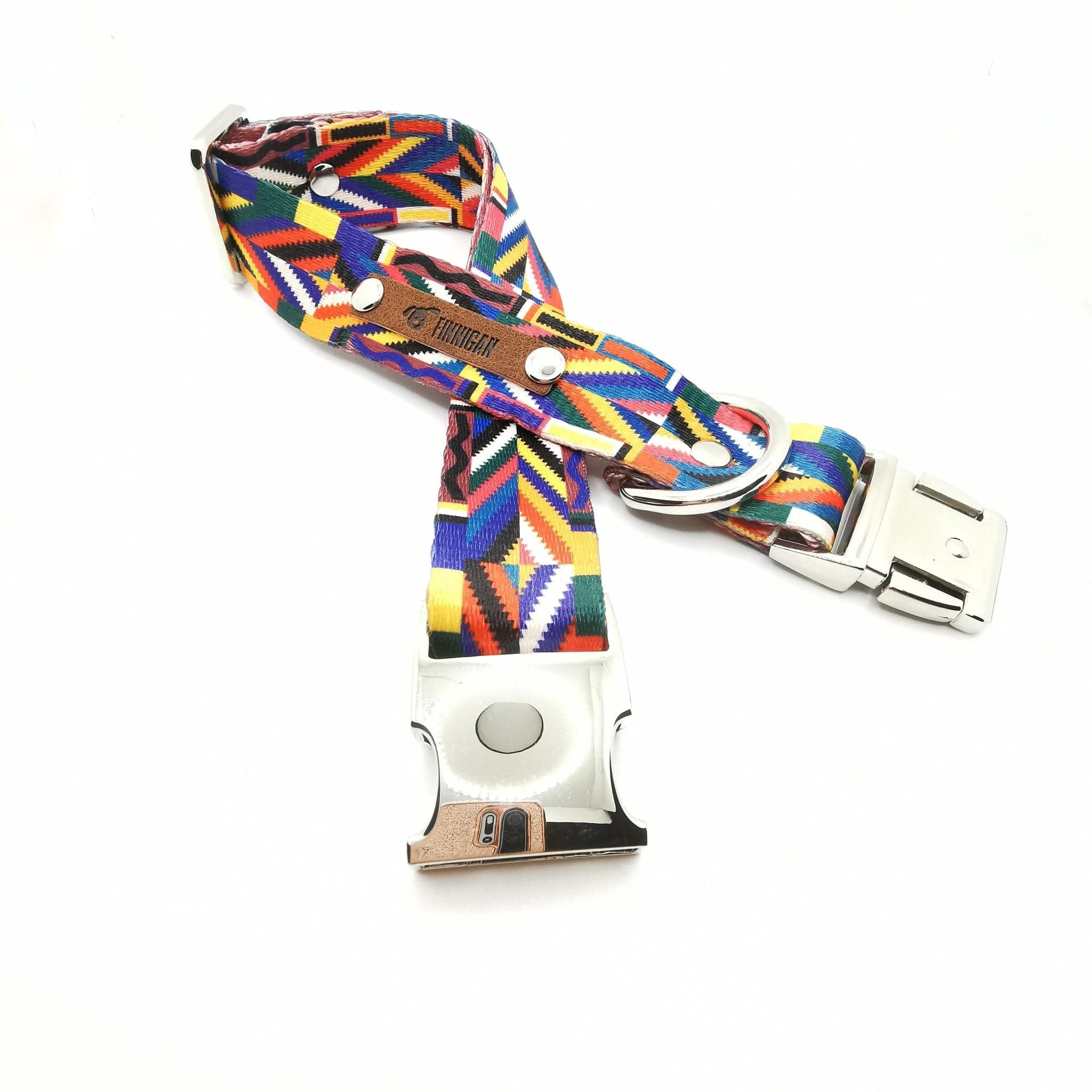 A stylish designer dog collar featuring unique fabrics, adjustable size, and a personalised aluminium buckle.