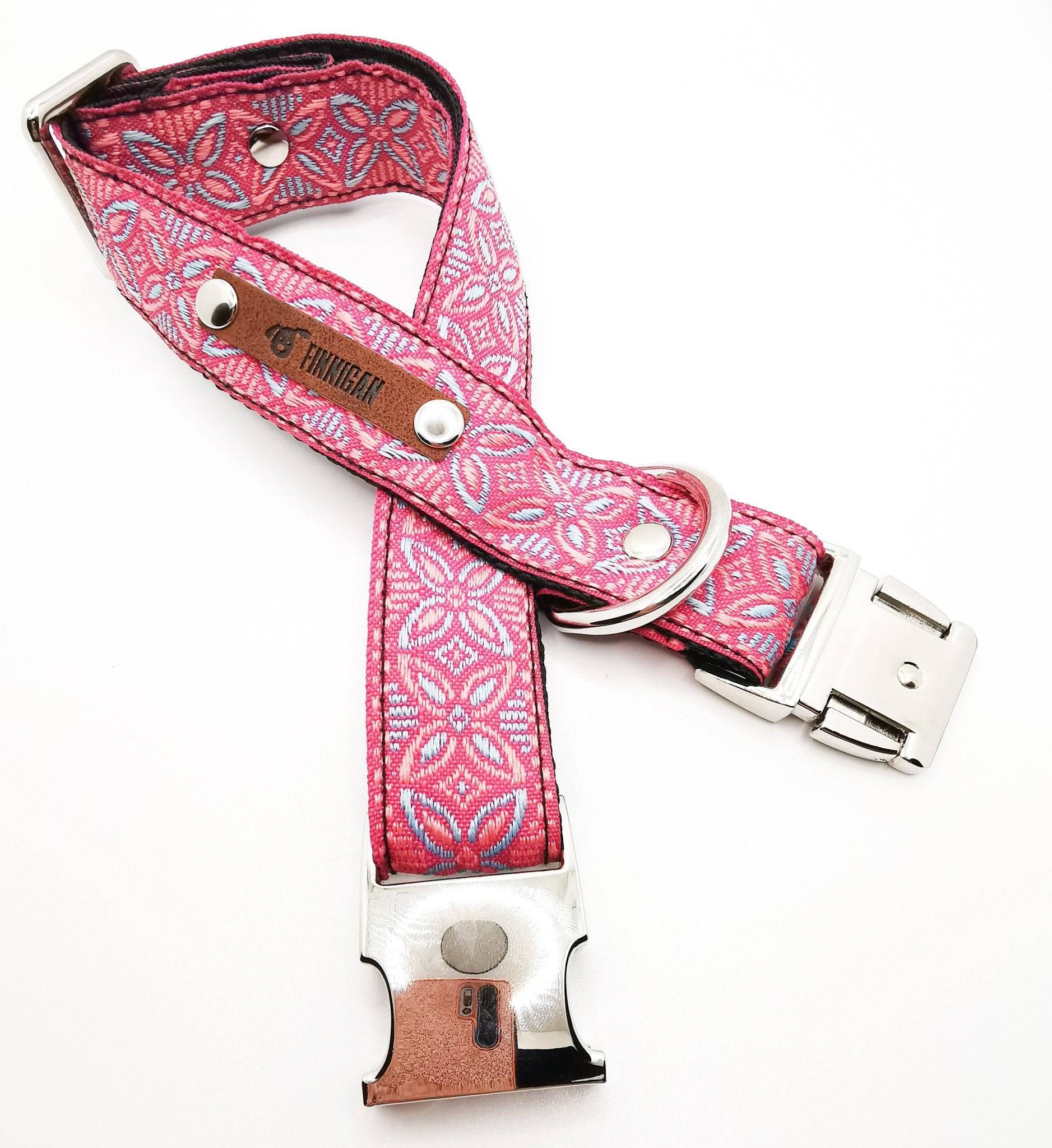 A stylish designer dog collar featuring unique fabrics, adjustable size, and a personalised aluminium buckle.