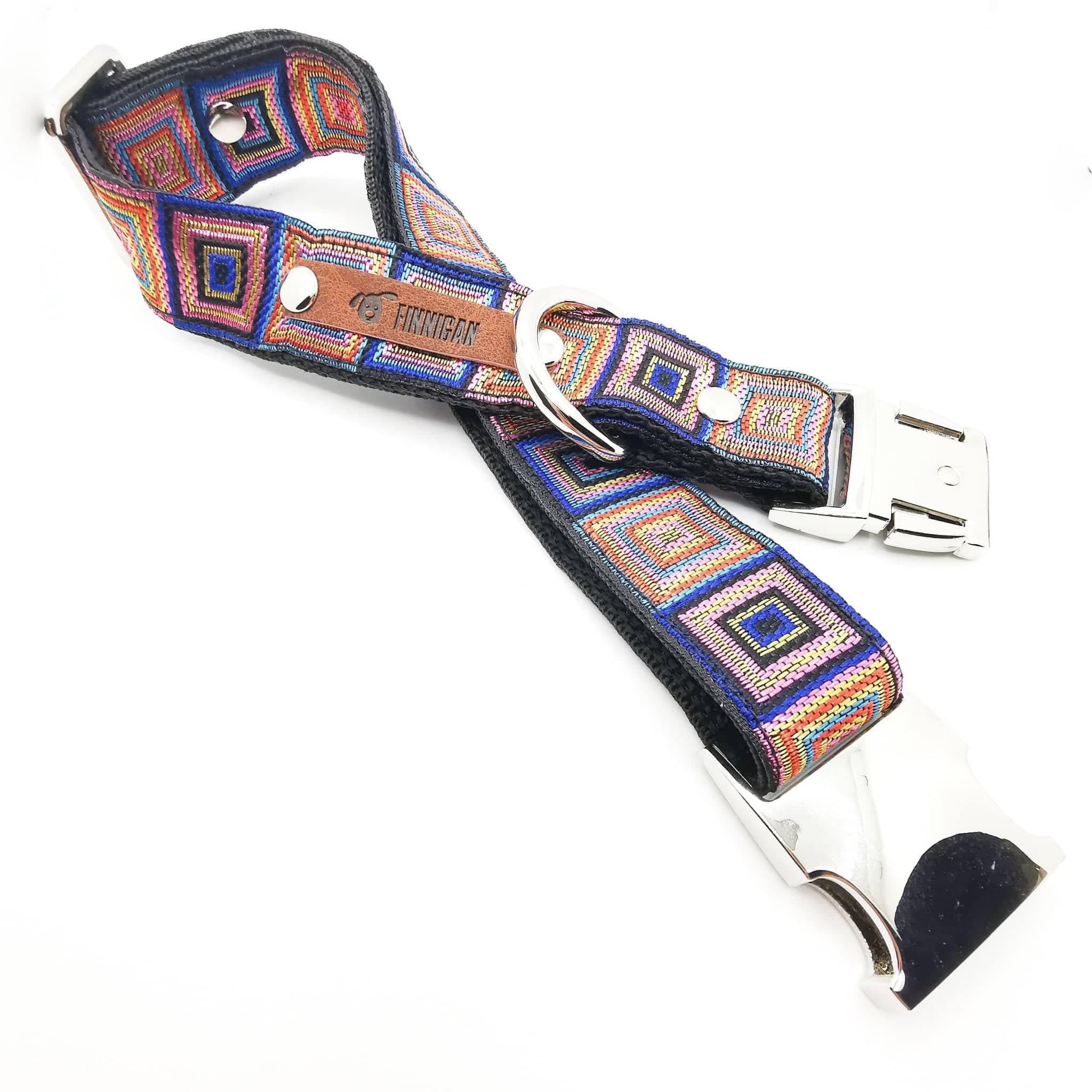 A stylish designer dog collar featuring unique fabrics, adjustable size, and a personalised aluminium buckle.