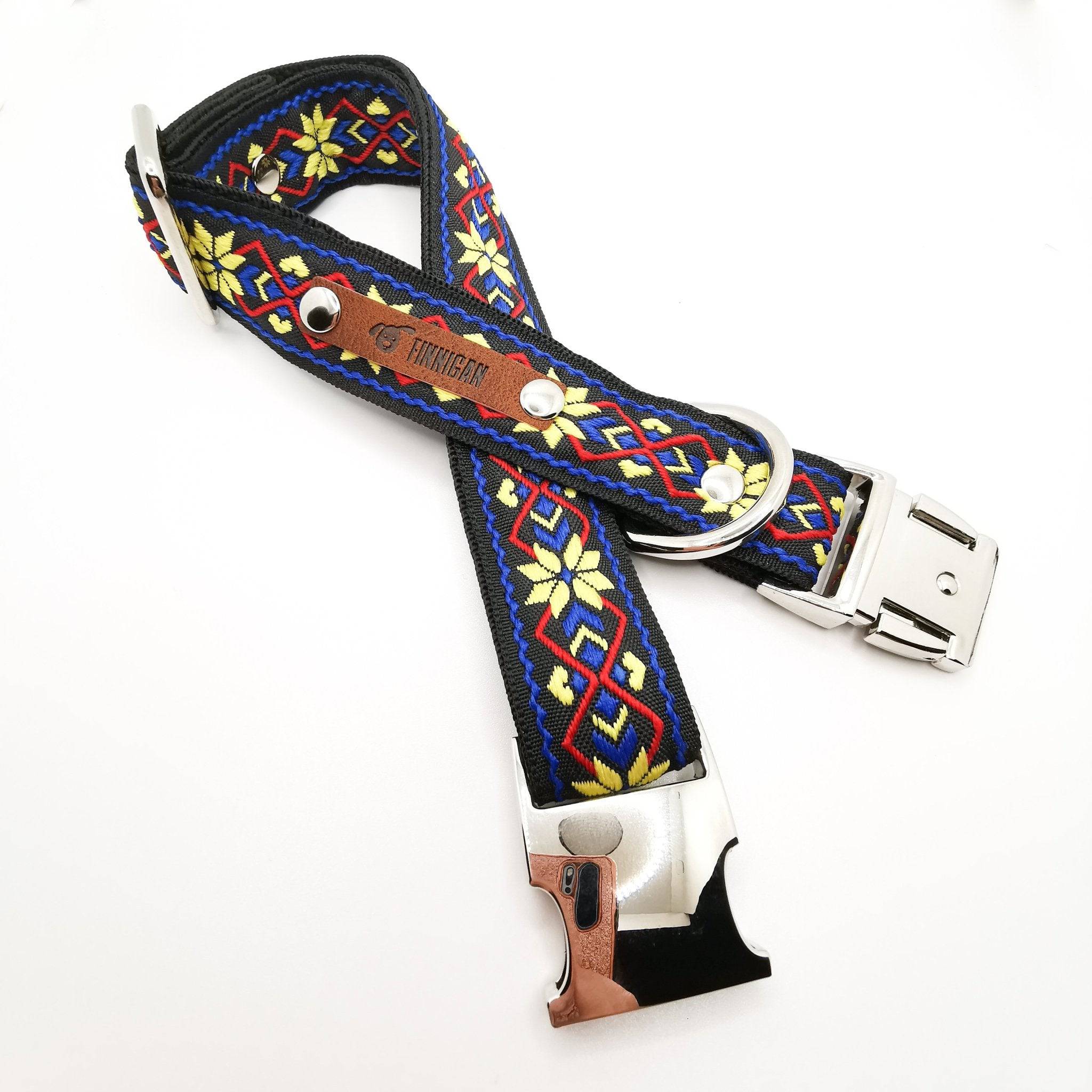A stylish designer dog collar featuring unique fabrics, adjustable size, and a personalised aluminium buckle.
