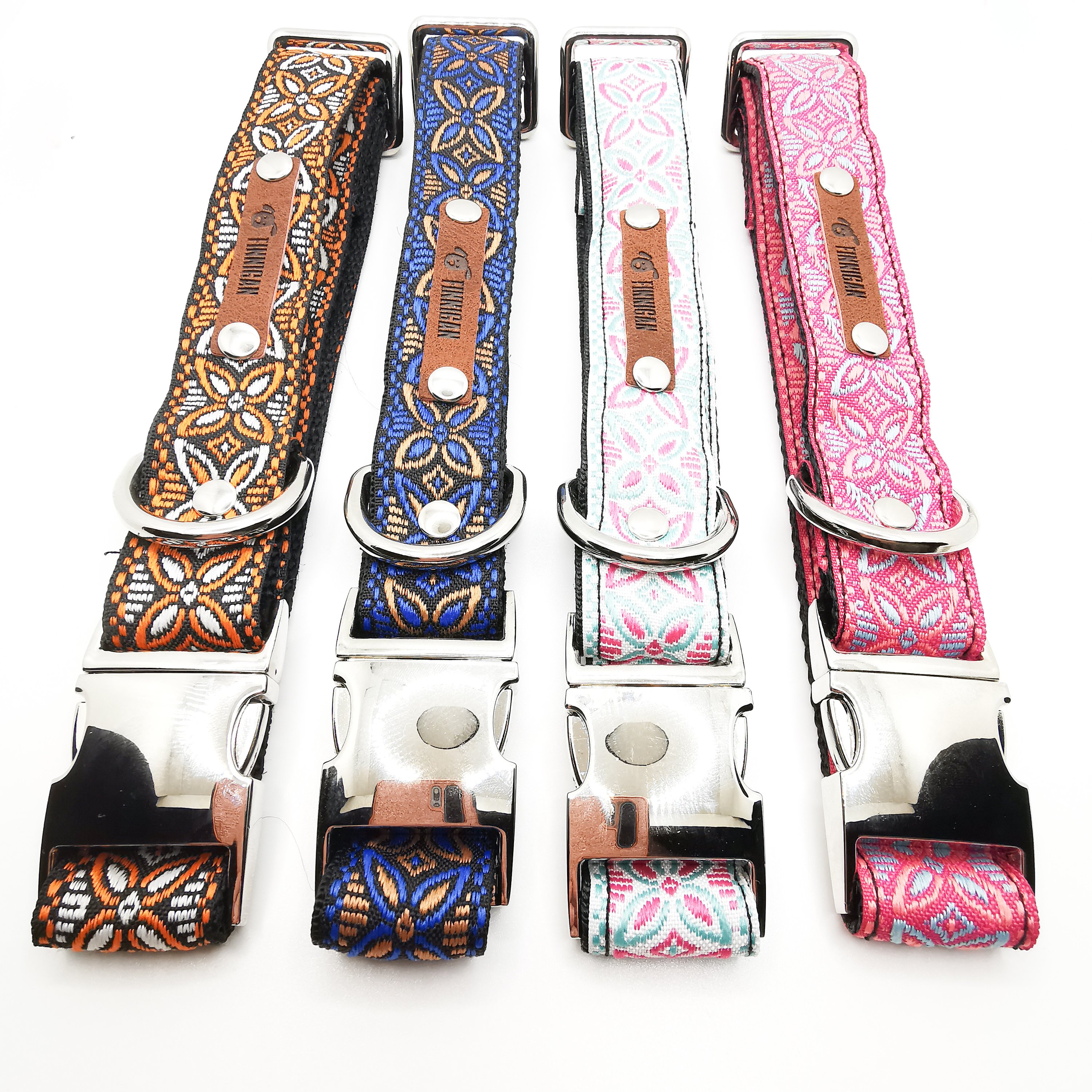 A stylish designer dog collar featuring unique fabrics, adjustable size, and a personalised aluminium buckle.