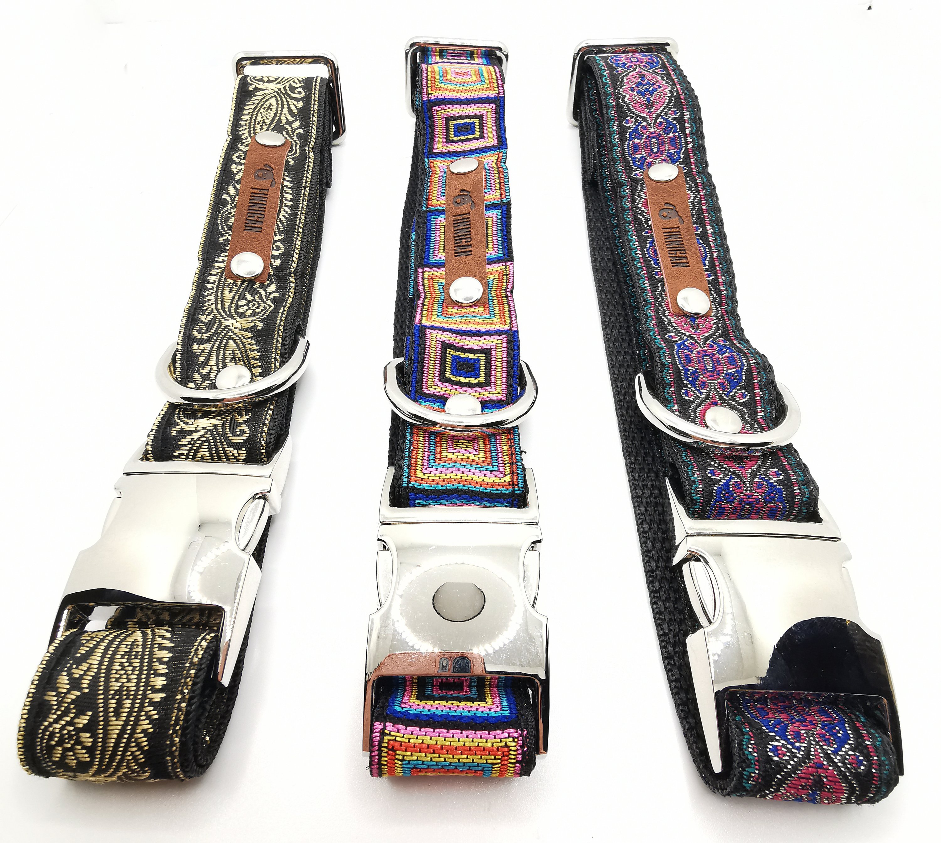 A stylish designer dog collar featuring unique fabrics, adjustable size, and a personalised aluminium buckle.