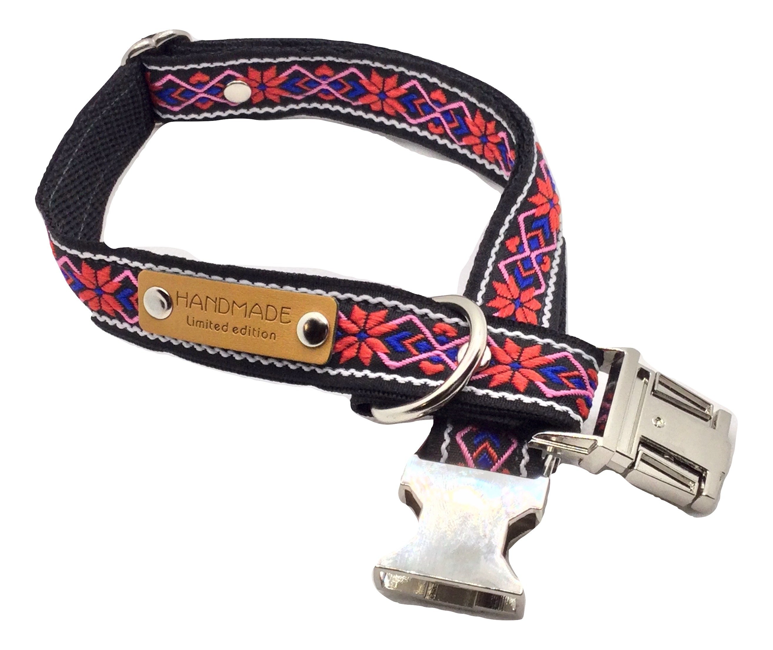 A stylish designer dog collar featuring unique fabrics, adjustable size, and a personalised aluminium buckle.