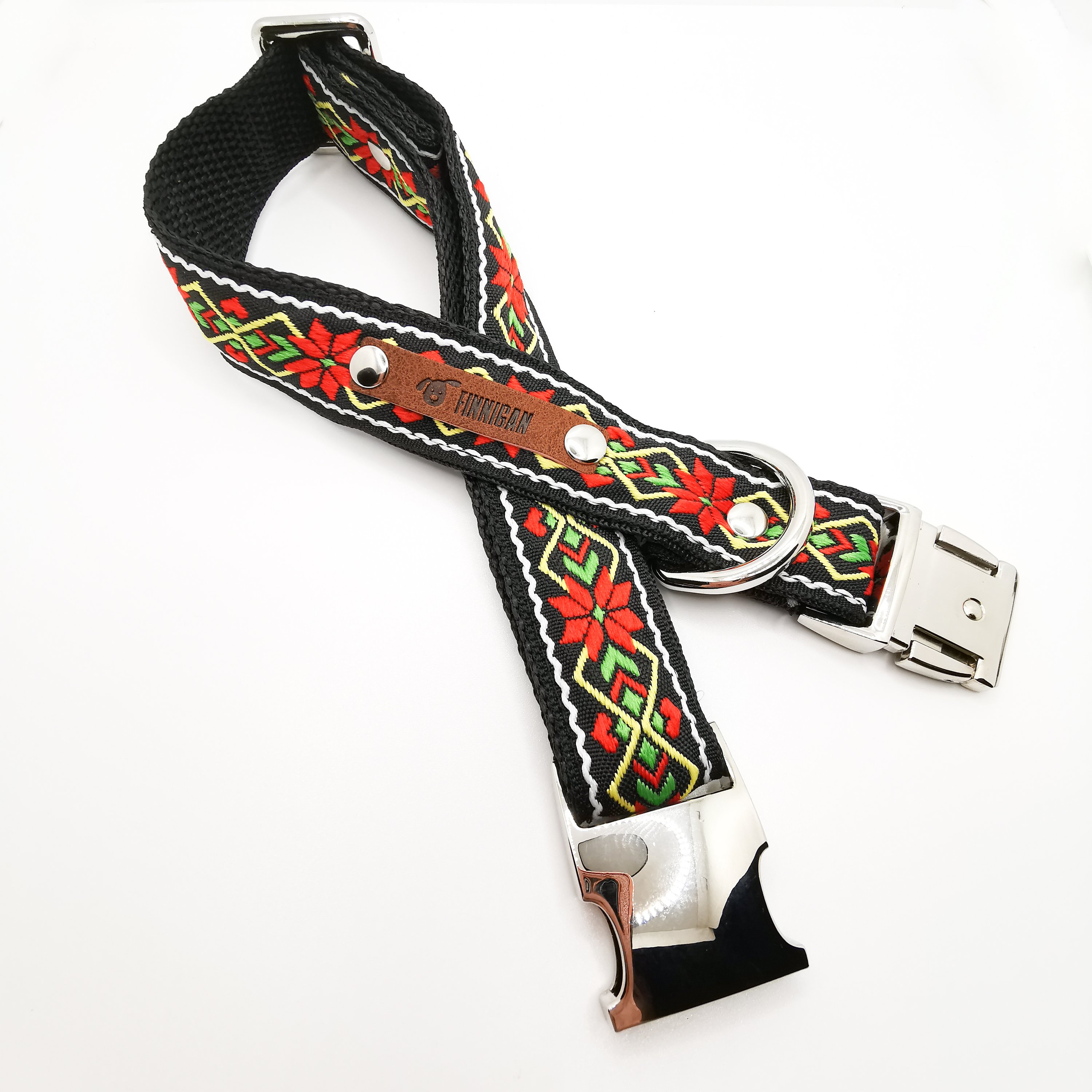 A stylish designer dog collar featuring unique fabrics, adjustable size, and a personalised aluminium buckle.