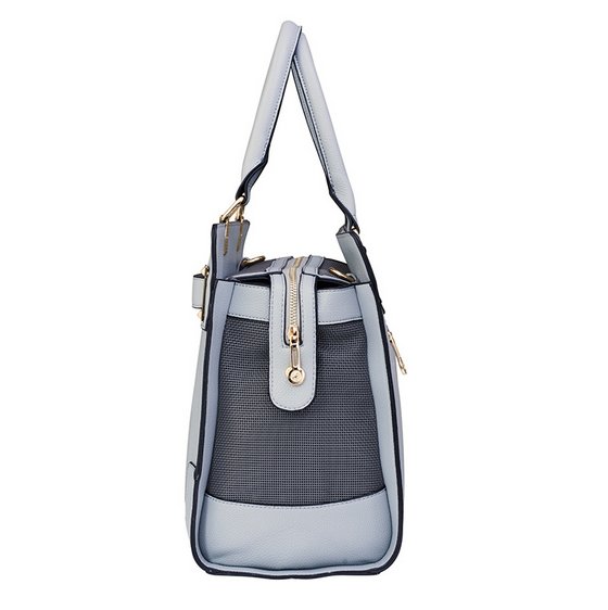 Designer grey vegan leather pet carrier for small dogs and cats, featuring mesh windows and a removable quilted lining.