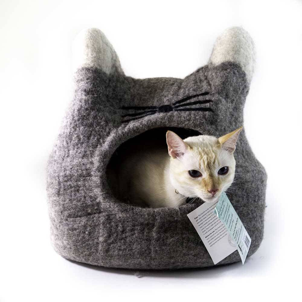 Dharma Dog Karma Cat Natural Cat Face Cat Cave made from 100% wool, featuring a cozy design for cats, handcrafted by artisans in Nepal.