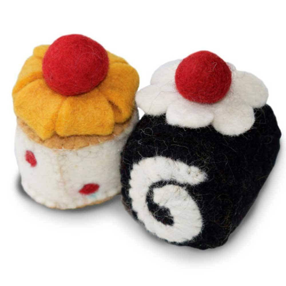 Dharma Dog Karma Cat Pack of 2 Desserts Toy for Cats, handcrafted from pure wool with vibrant colors and dessert shapes.