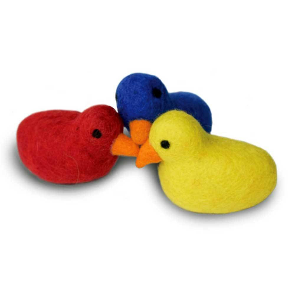 Dharma Dog Karma Cat Pack of 3 Birds Toy, handcrafted from natural wool, featuring vibrant colors and bird shapes, perfect for cats and small dogs.