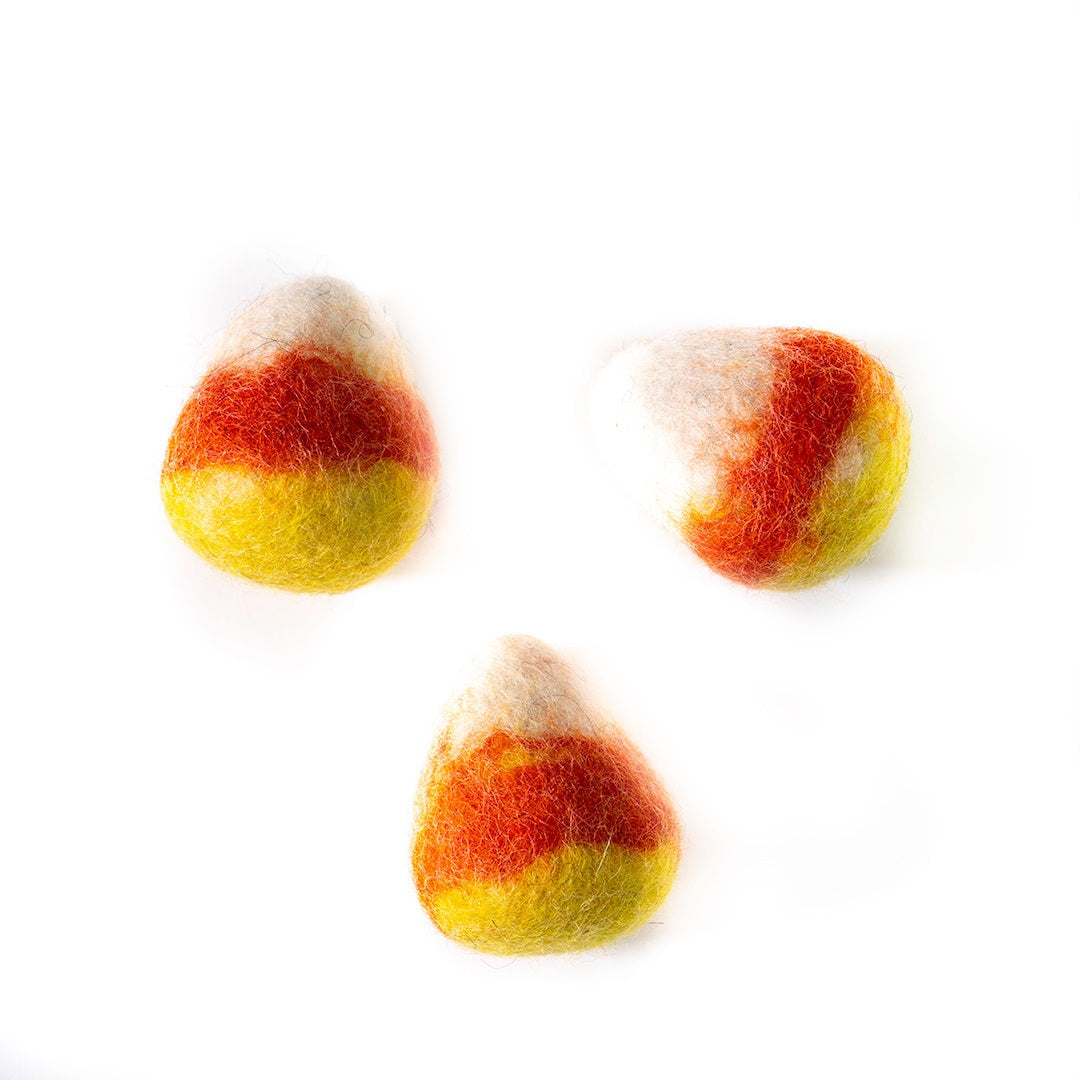 Dharma Dog Karma Cat Pack of 3 Candy Corn Toy for Cats, handcrafted wool toys in vibrant candy corn colors.