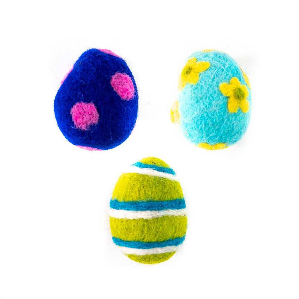 Dharma Dog Karma Cat Pack of 3 colorful Easter egg toys made from pure wool, handcrafted by women artisans in Nepal.