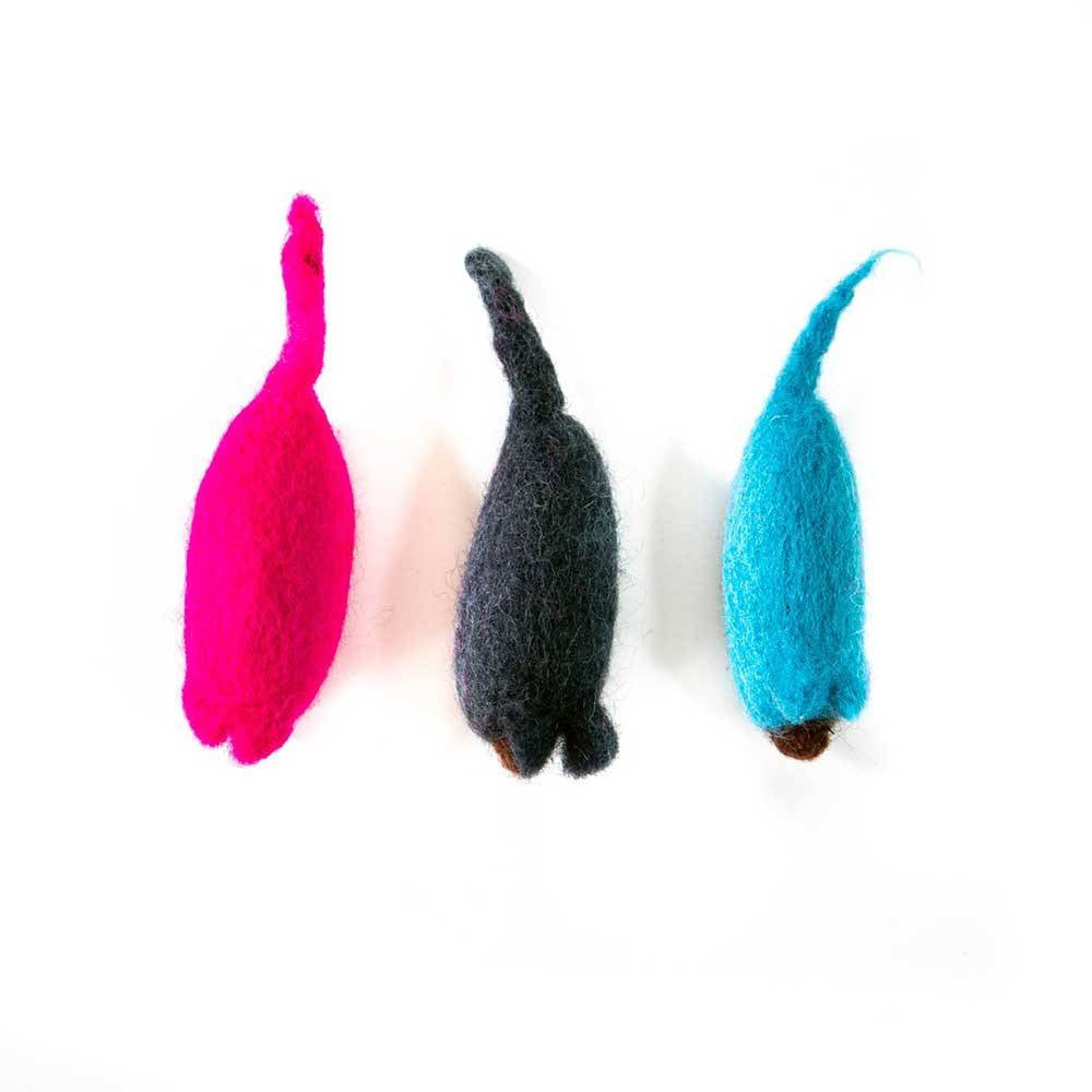 Dharma Dog Karma Cat Pack of 3 Mouse Toy for Cats, handcrafted from pure wool, featuring vibrant colors and a charming mouse design.
