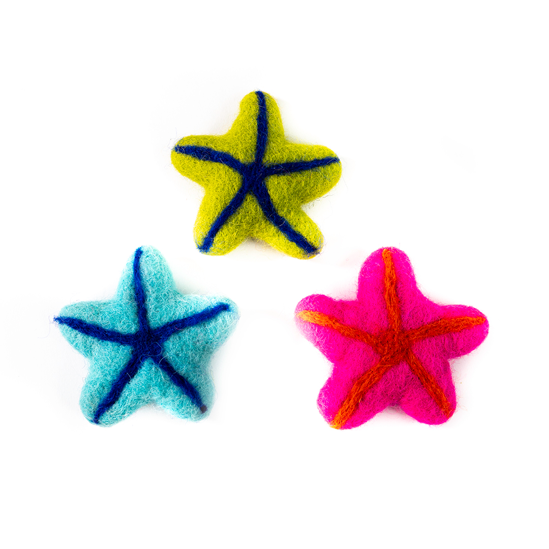 Dharma Dog Karma Cat Pack of 3 colorful starfish toys made from pure wool, handcrafted by artisans in Nepal.