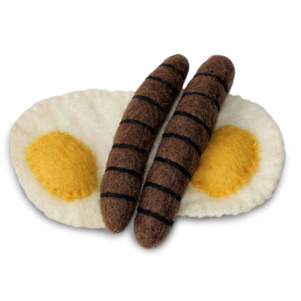 Dharma Dog Karma Cat Pack of 4 Breakfast Toy featuring two wool eggs and two sausage links, handcrafted and eco-friendly.