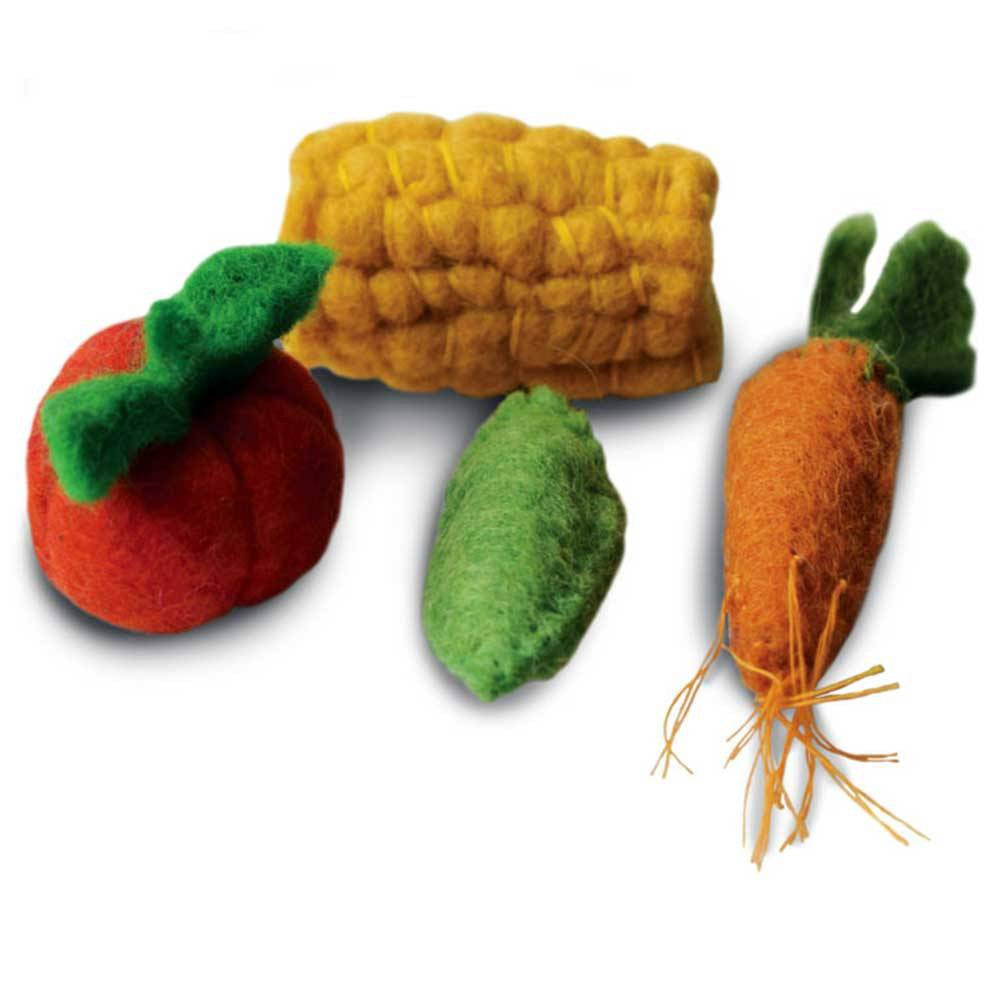 Dharma Dog Karma Cat Pack of 4 Veges Toy for Cats featuring wool toys shaped like peas, tomato, corn, and carrot.