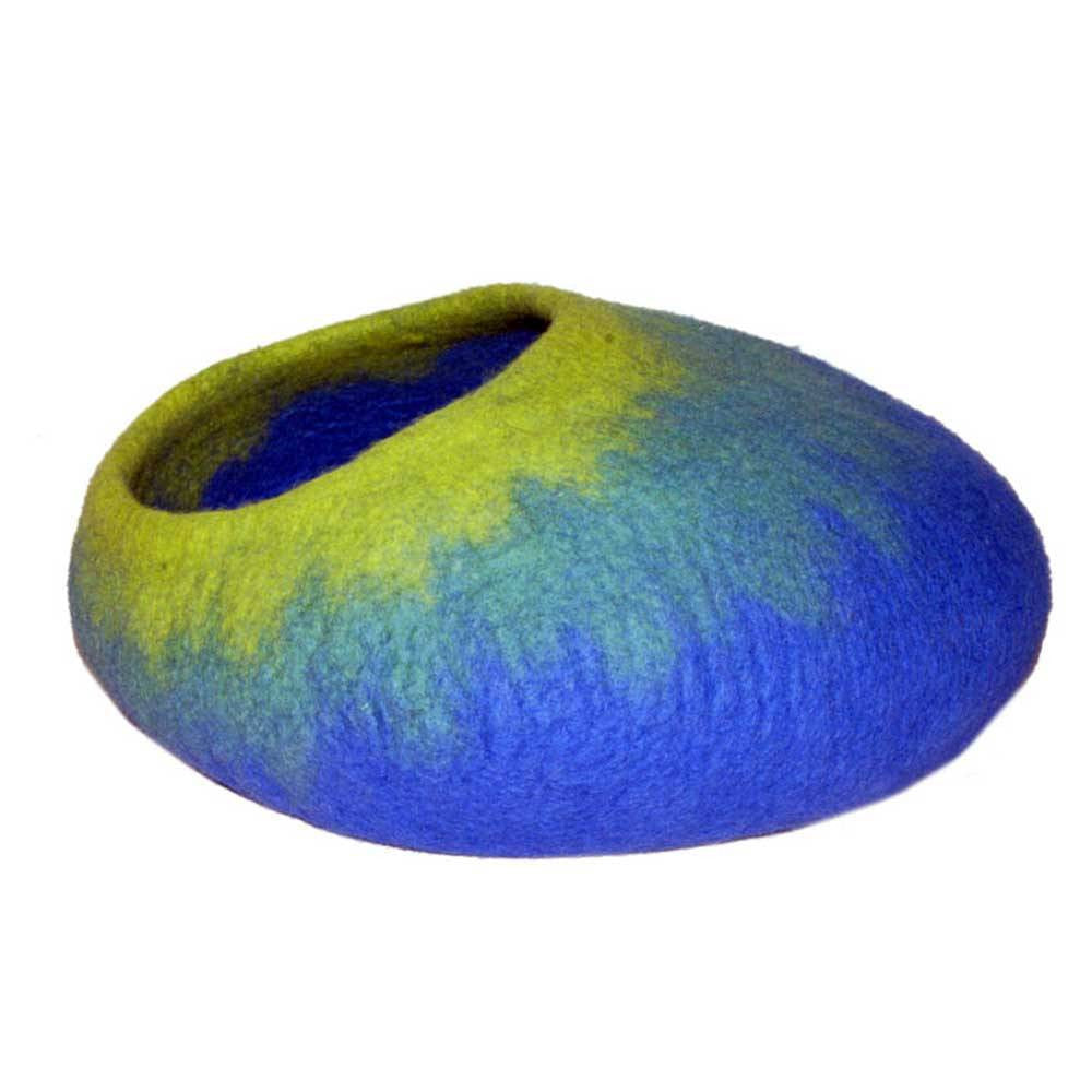 Dharma Dog Karma Cat Royal Blue Ombre Cat Cave, handcrafted wool cave for cats and small dogs, featuring a stylish ombre design.