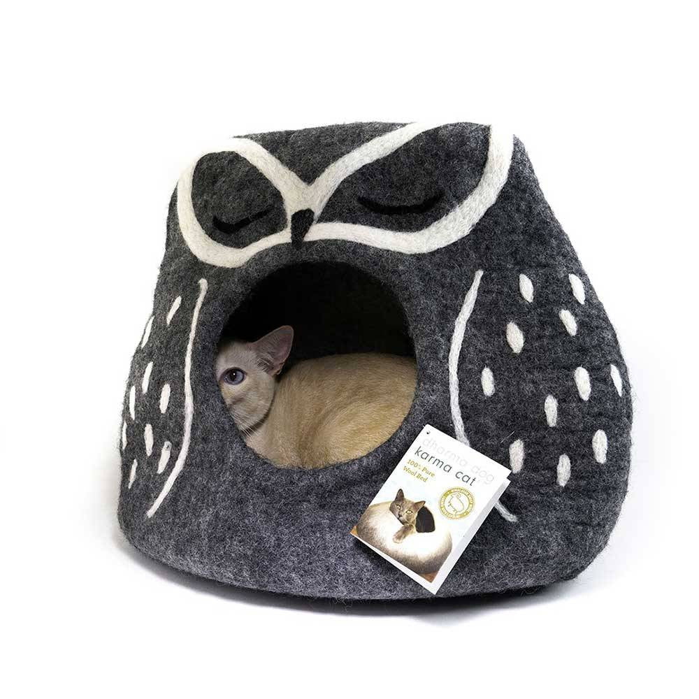 Dharma Dog Karma Cat Snowy Owl Cat Cave, handcrafted wool cat bed in snowy owl design, perfect for small cats.