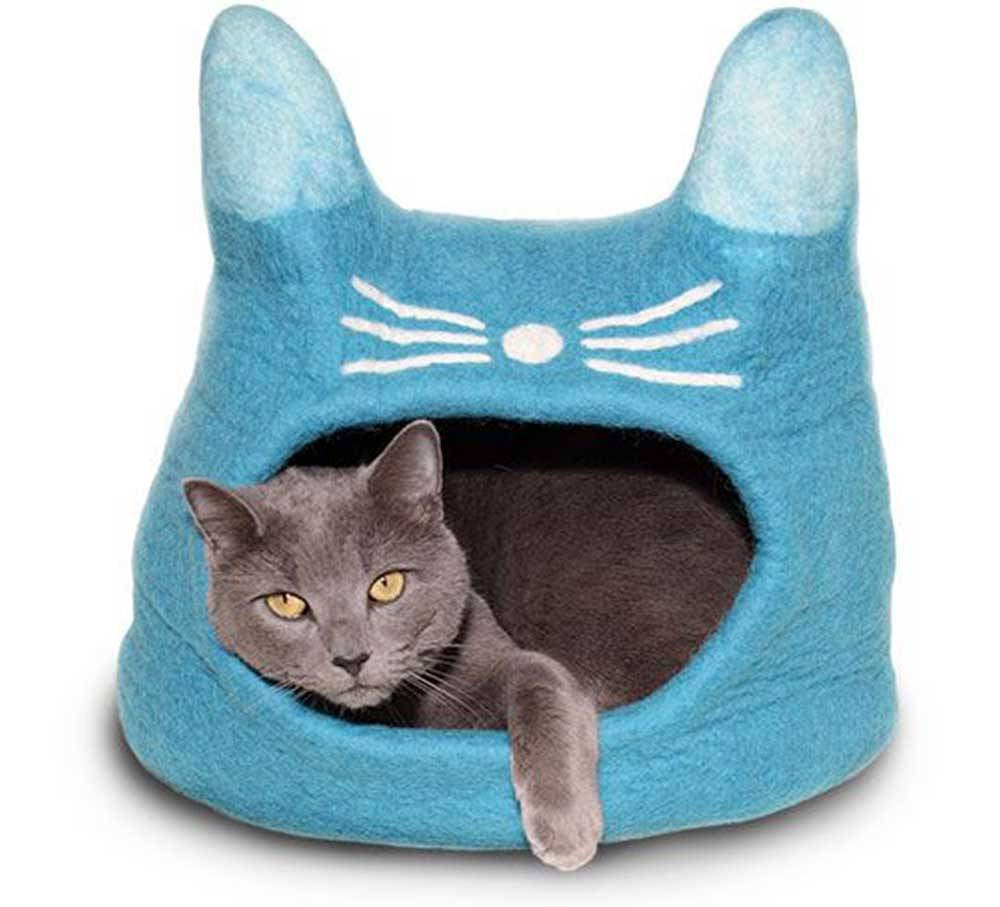 Dharma Dog Karma Cat Turquoise Cat Face Cat Cave, handcrafted wool cat bed with a playful turquoise cat face design.